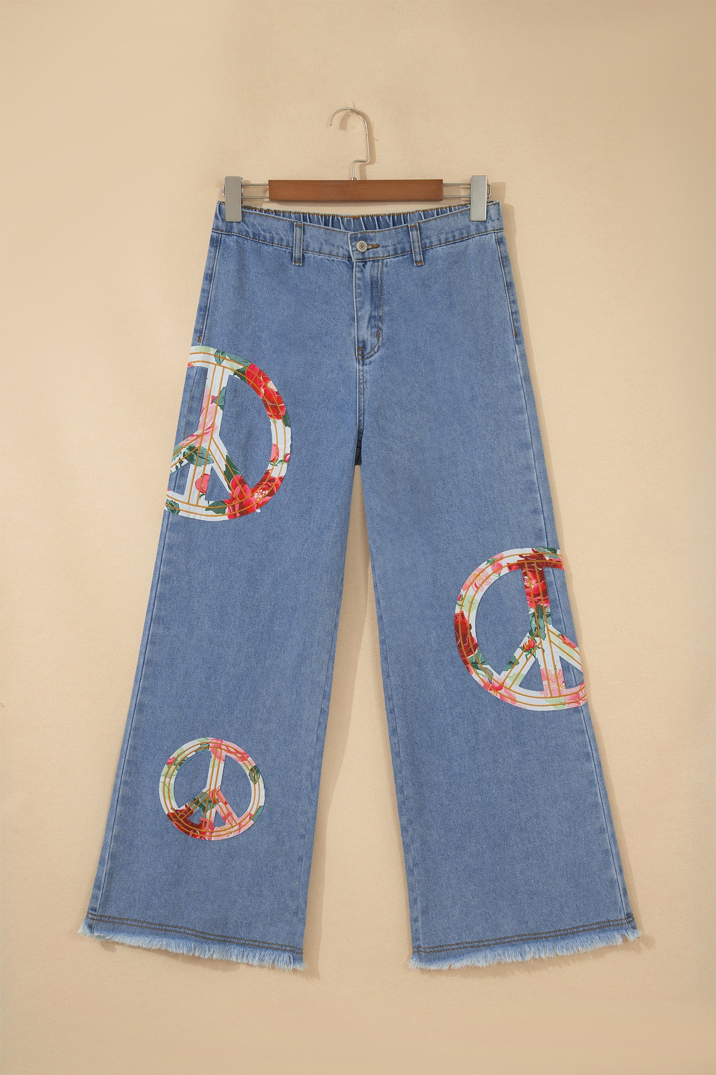 Myosotis Floral Peace Sign Embroidered Patch Wide Leg Jeans