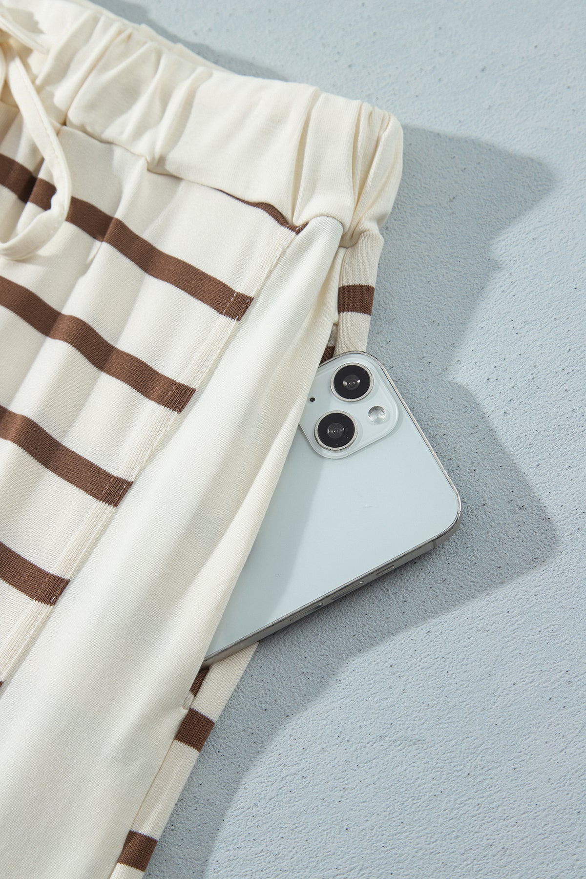 Khaki Stripe Relaxed Long Sleeve Top Color Block Detail Drawstring Pant Set