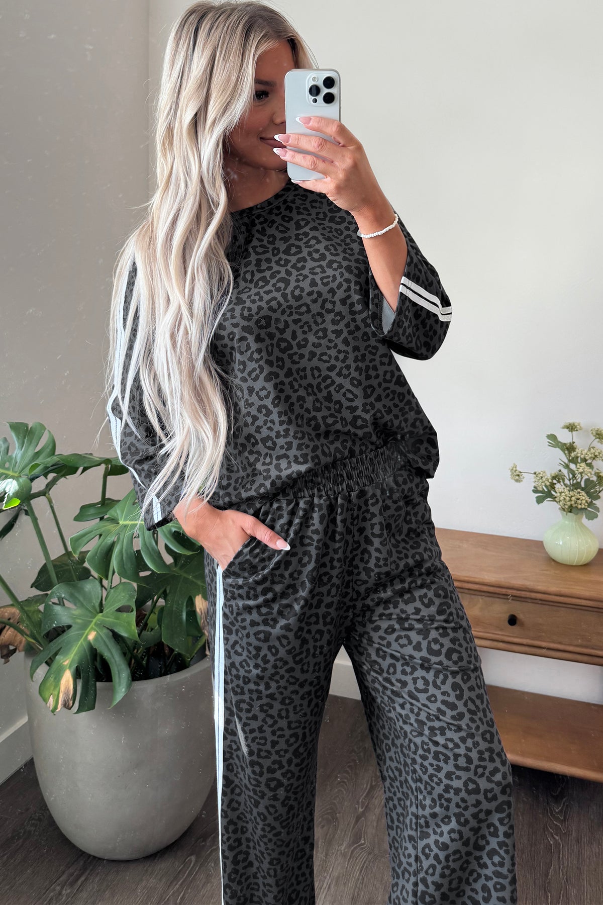 Gray Leopard Print Varsity Striped Detail 3/4 Sleeve Top Shift Pant Set