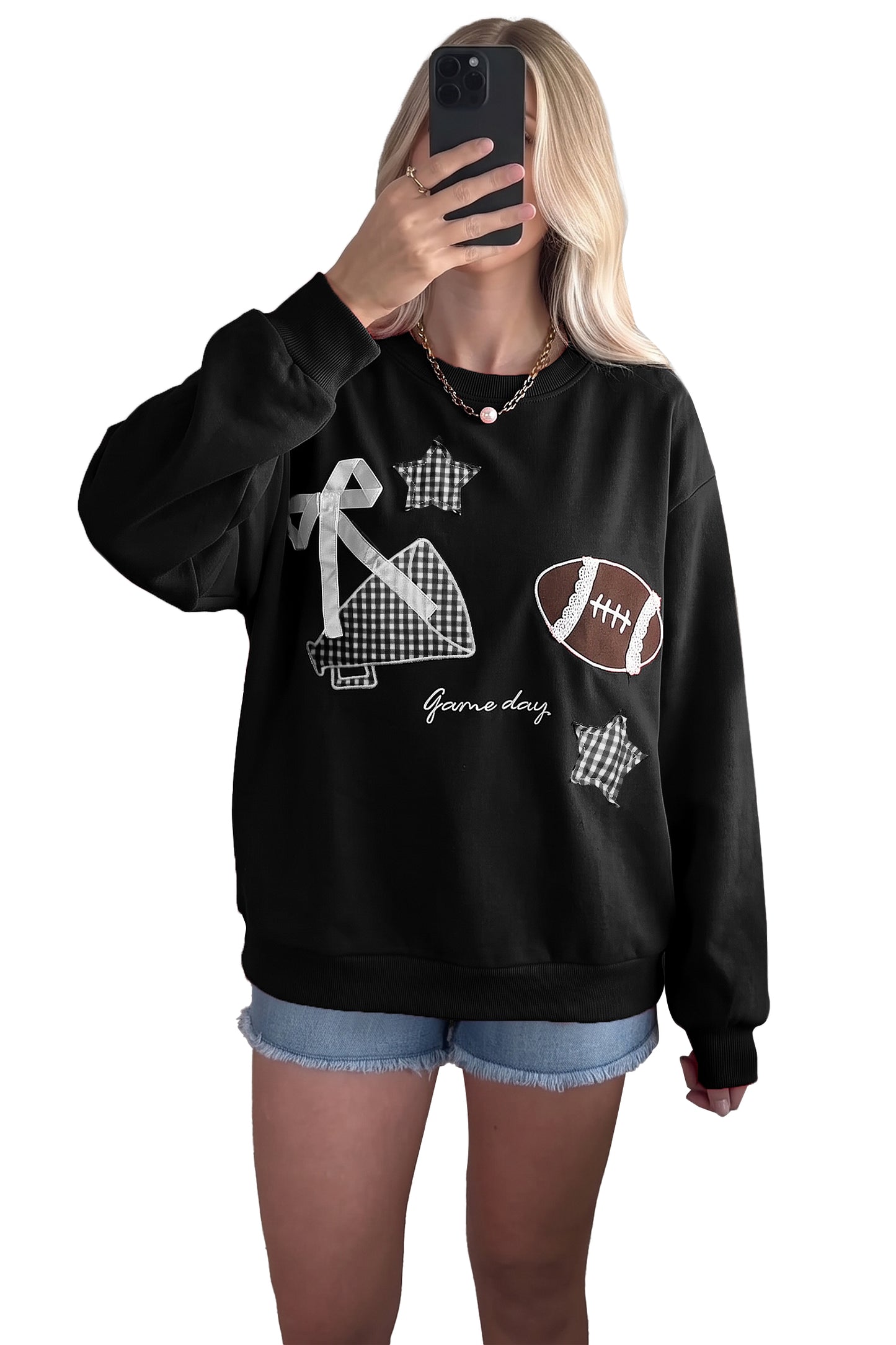 Black Gingham Patch Embroidered Rugby Game Day Stars Sweatshirt