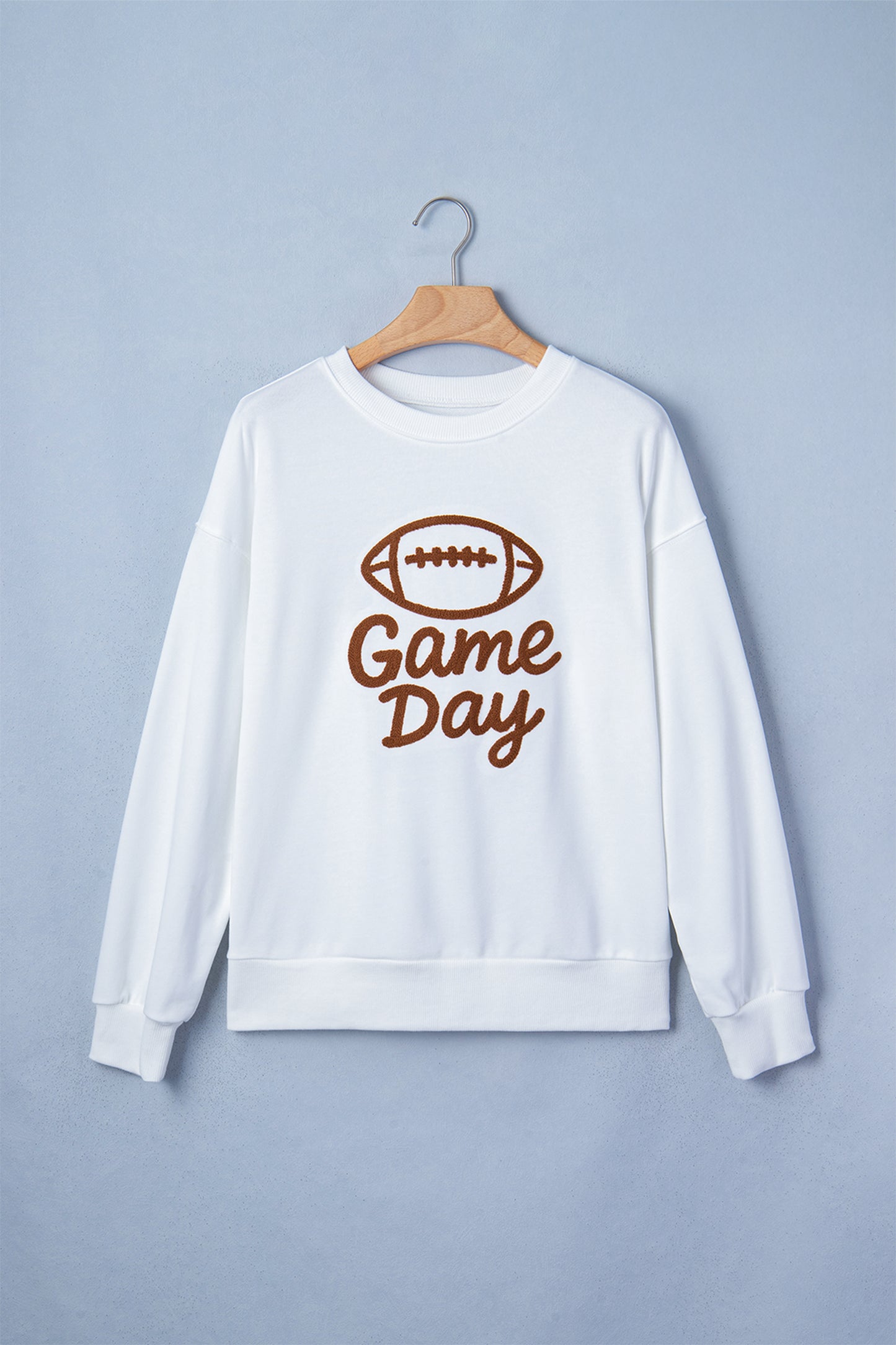 White Embroidered Slogan Game Day Rugby Pattern Crewneck Sweatshirt