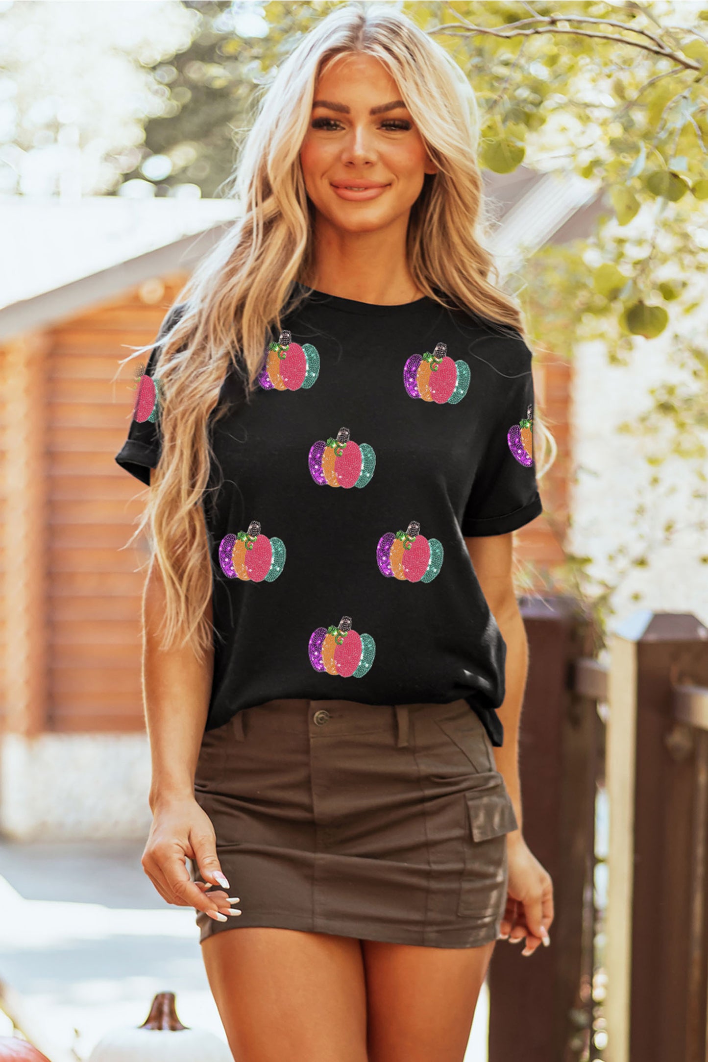 Black Sequined Pumpkin Graphic Round Neck Casual T Shirt