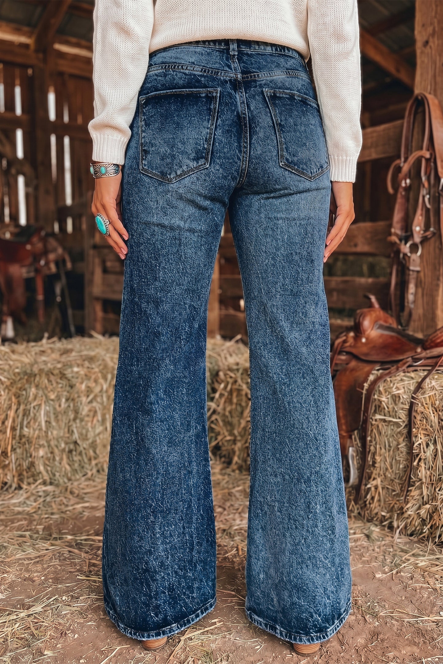 Sail Blue Acid Wash Pocket Detail Flare Jeans