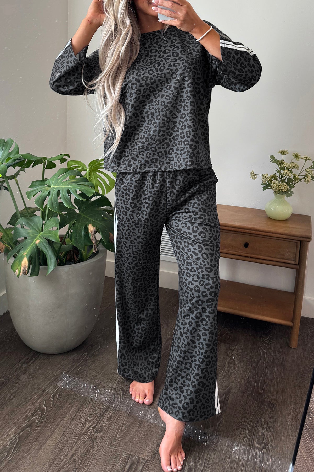 Gray Leopard Print Varsity Striped Detail 3/4 Sleeve Top Shift Pant Set