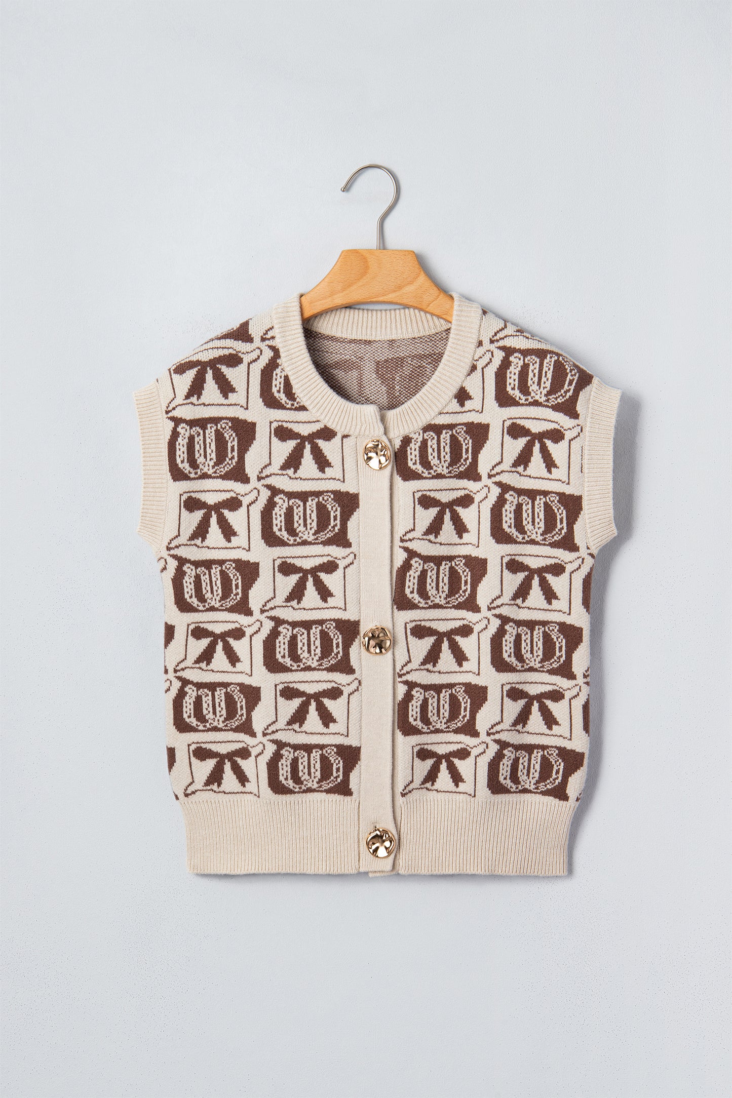 Brown Western Horseshoe Bow Pattern Button Front Sleeveless Knit Sweater