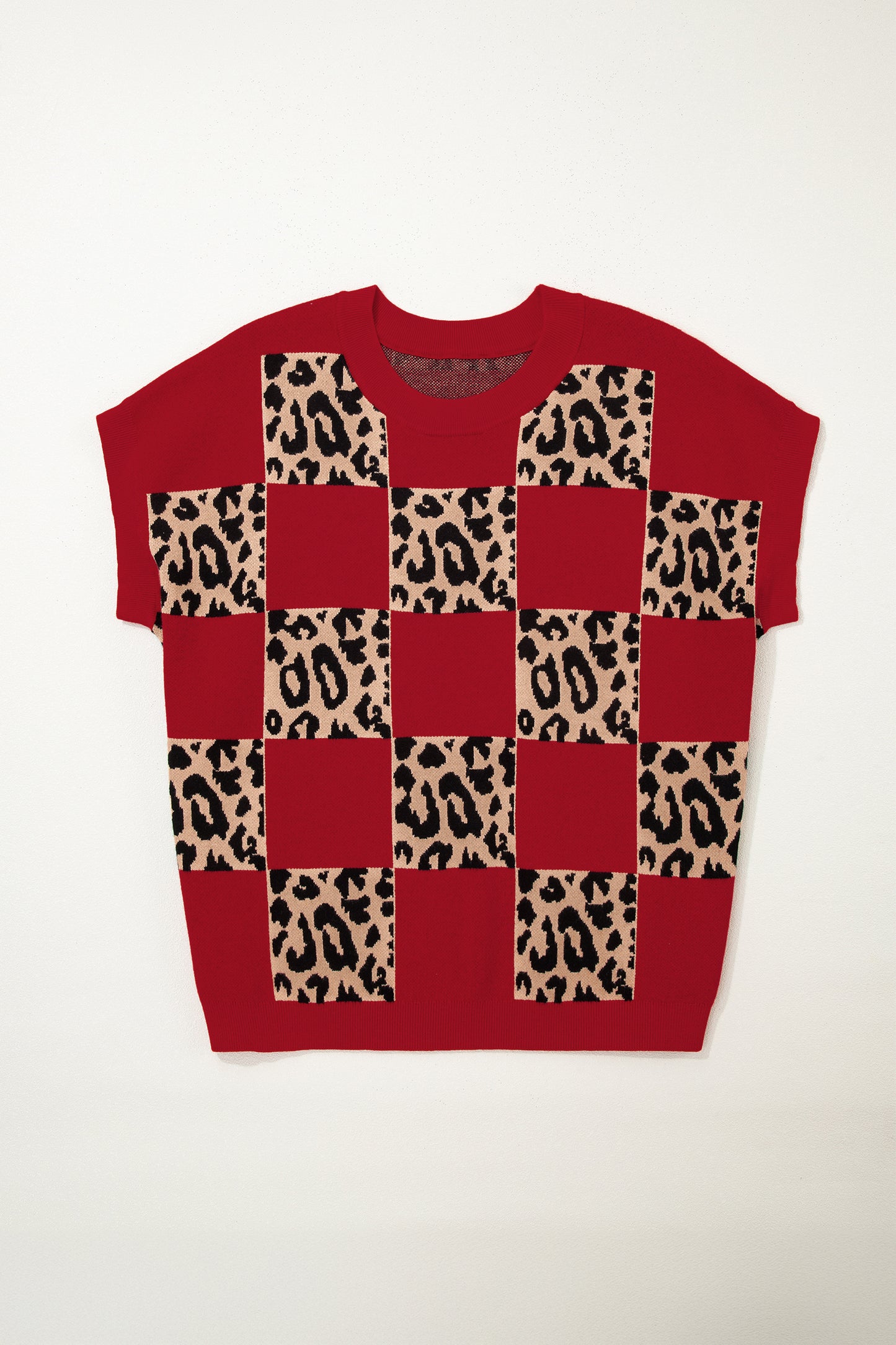 Red Plus Size Leopard Contrasted Checkered Short Sleeve Sweater