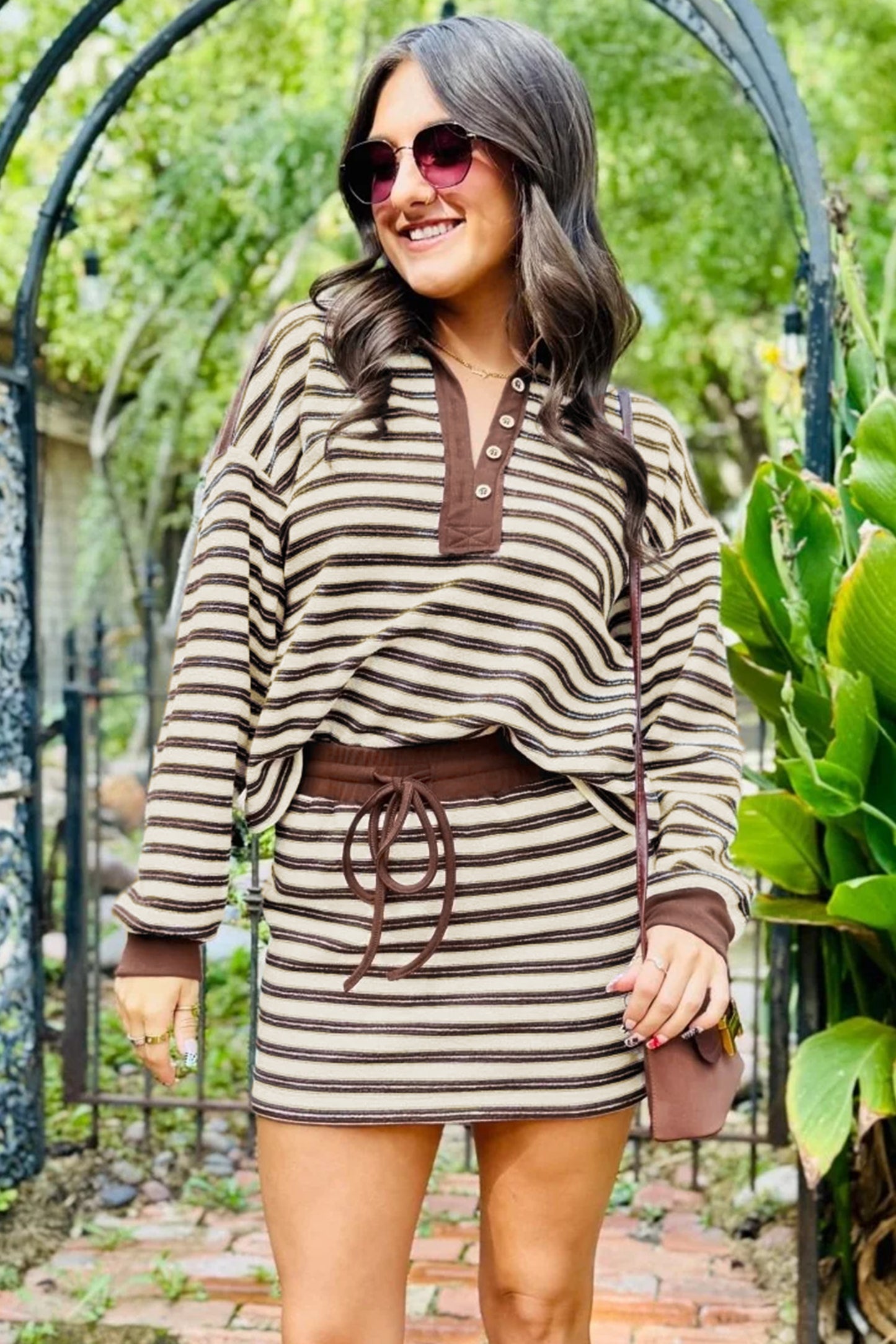 Brown Stripe Contrast Trim Button Neck Long Sleeve Top Drawstring Mini Skirt Set