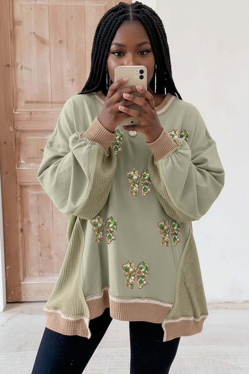 Smoke Green Sequin Bow Patchwork Waffle Colorblock Loose Sweatshirt