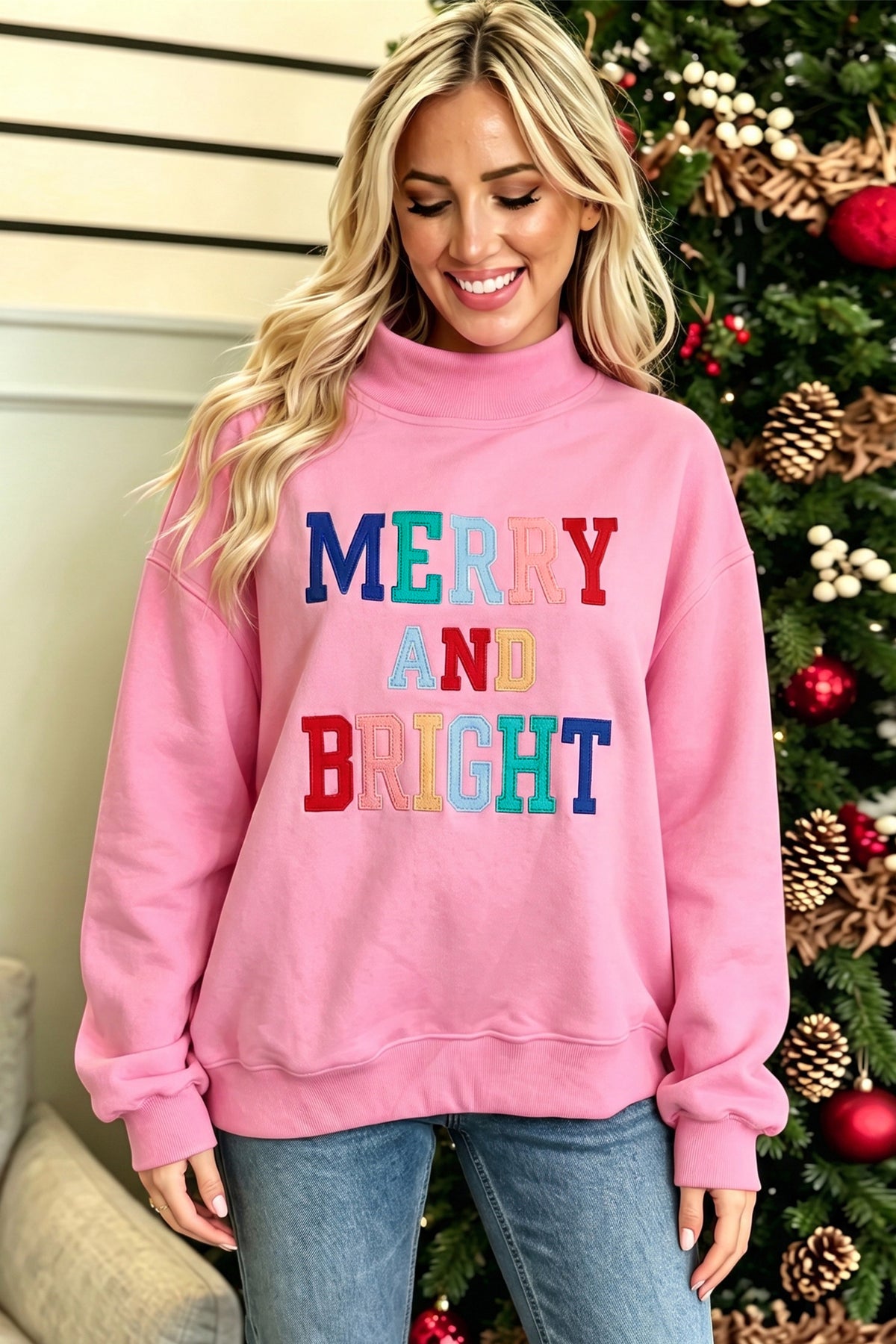 White MERRY AND BRIGHT Stitched Letter Pattern Mock Neck Sweatshirt