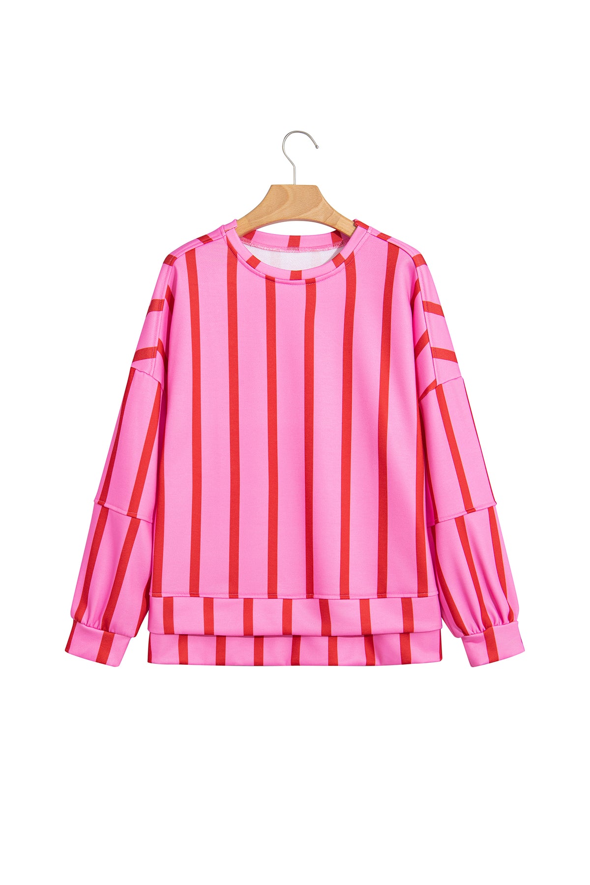 Pink Stripe Dropped Shoulder Round Neck Casual Sweatshirt