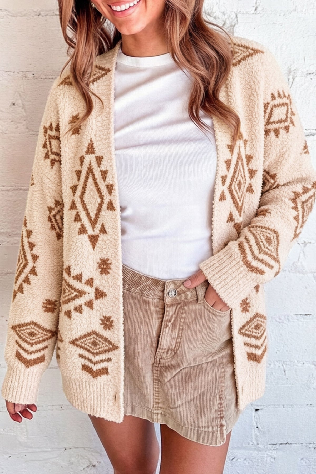 Oatmeal Fuzzy Aztec Print Open Knit Sweater Tunic Cardigan