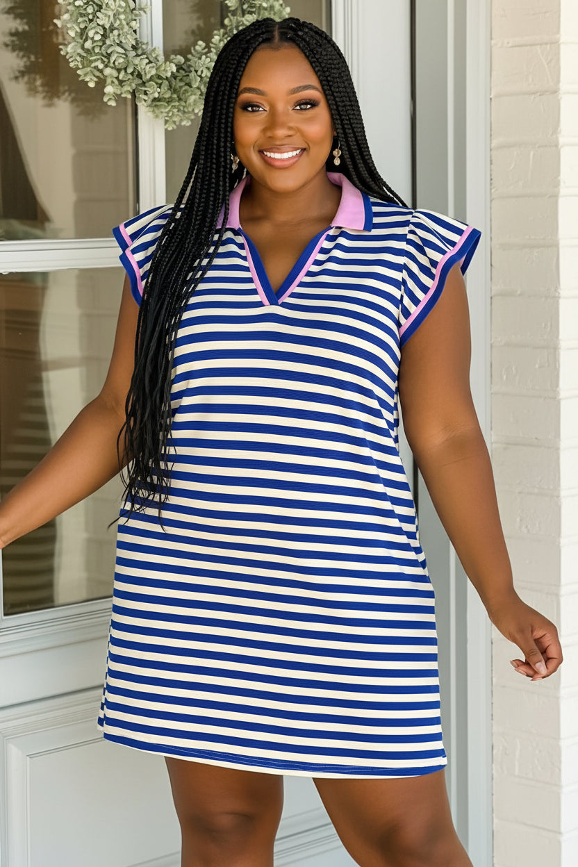 Dark Blue Striped Shift Dress Colorblock V Neck Short Sleeve Casual Summer