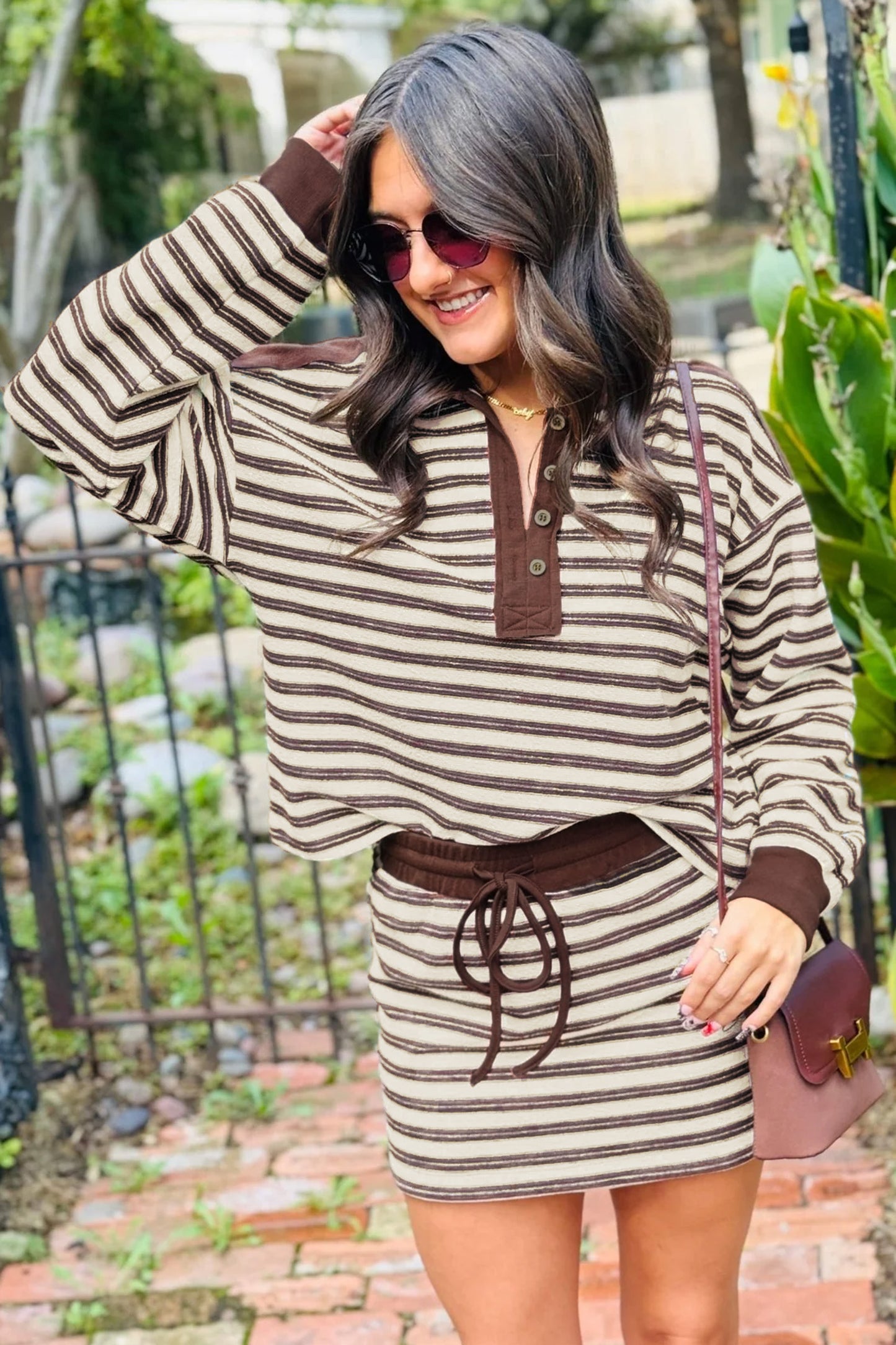 Brown Stripe Contrast Trim Button Neck Long Sleeve Top Drawstring Mini Skirt Set