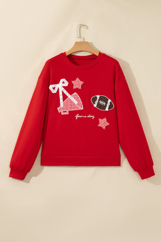 Racing Red Gingham Patch Embroidered Rugby Game Day Stars Sweatshirt