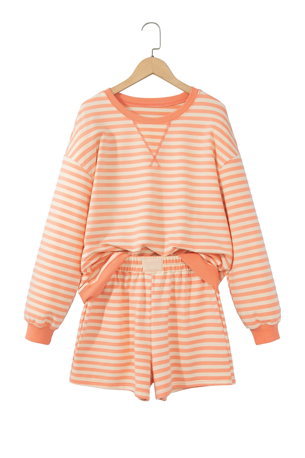 Grapefruit Orange Drop Shoulder Long Sleeve Pullover Elastic Waist Casual Short Set
