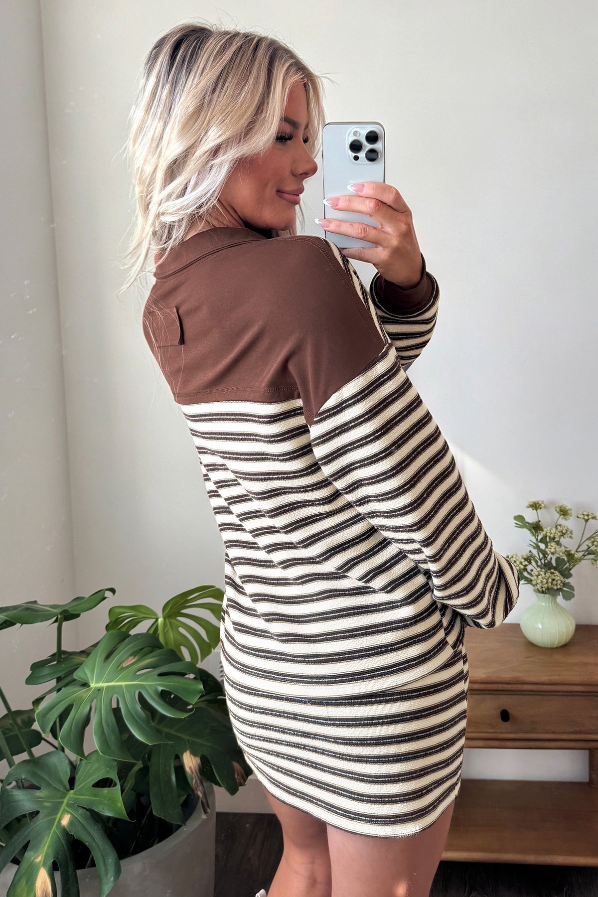 Brown Stripe Contrast Trim Button Neck Long Sleeve Top Drawstring Mini Skirt Set