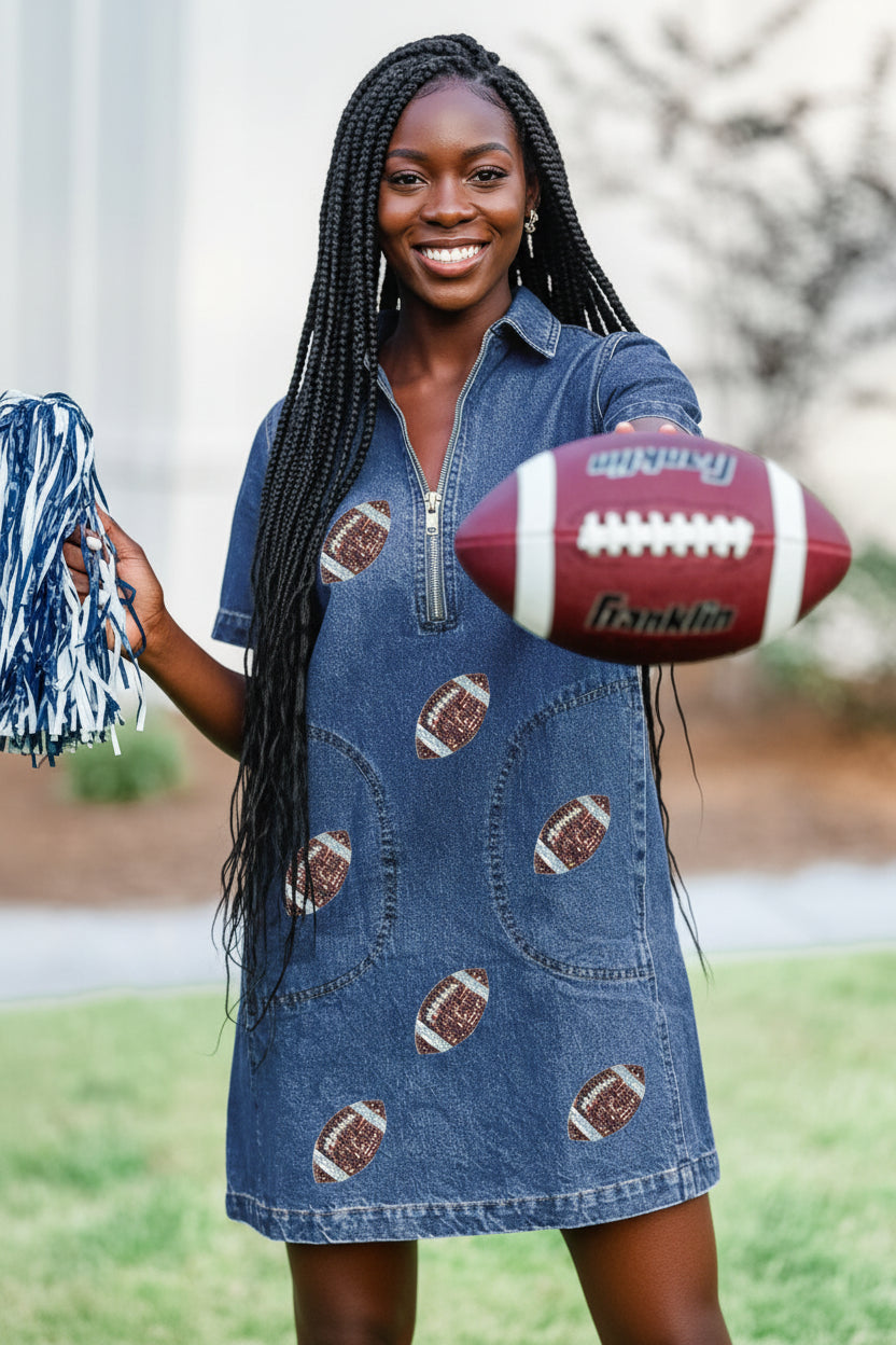 Blue Sequin Football Pattern Zip Collar Pocketed Denim Shift Dress
