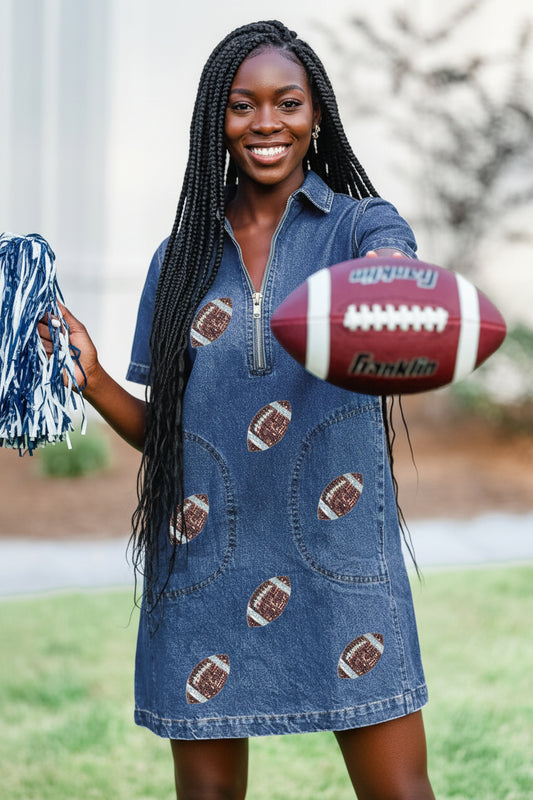 Blue Sequin Football Pattern Zip Collar Pocketed Denim Shift Dress