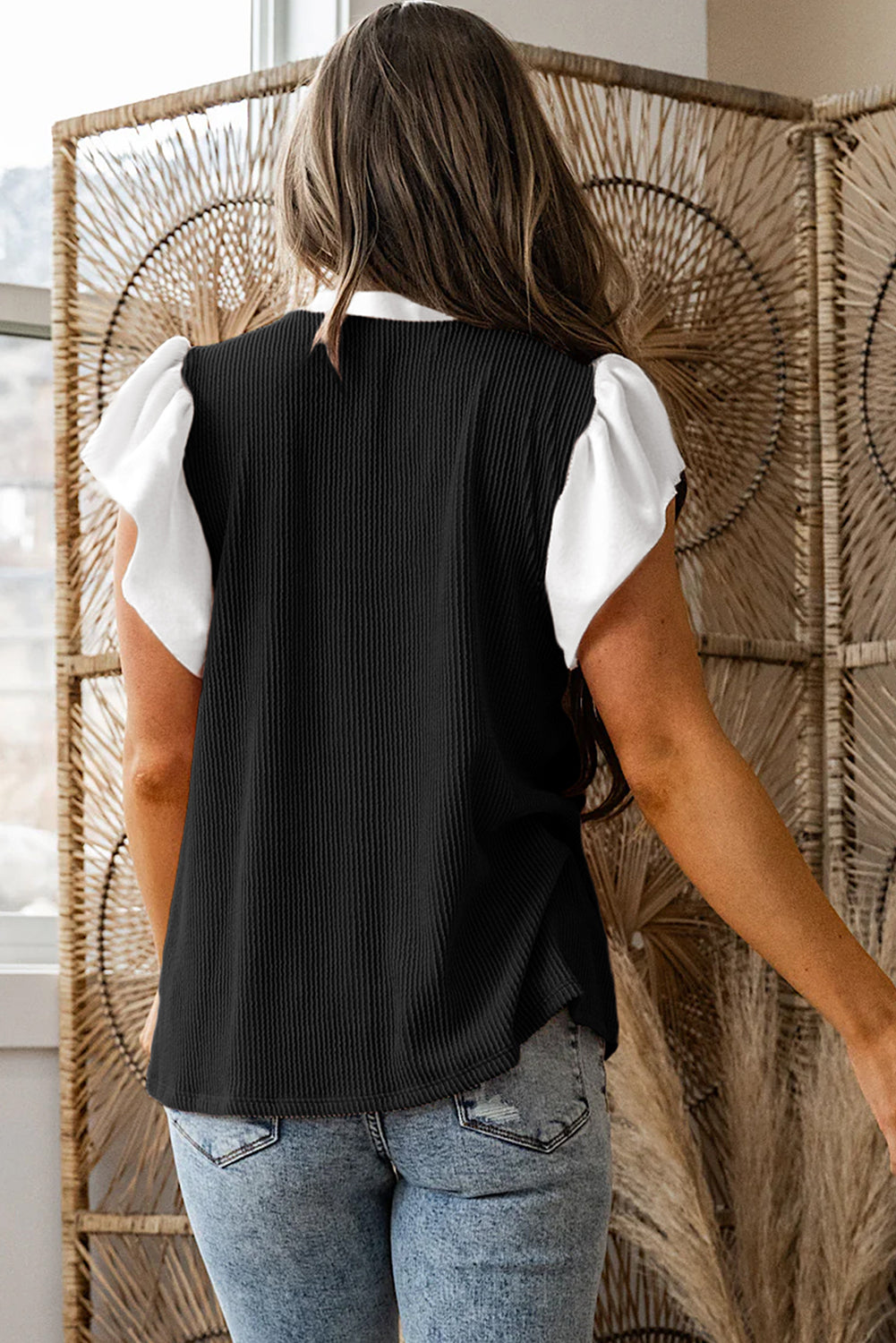 Rose Pink Plus Size Contrast Frilled Neckline Ruffled Short Sleeve Ribbed Textured Blouse