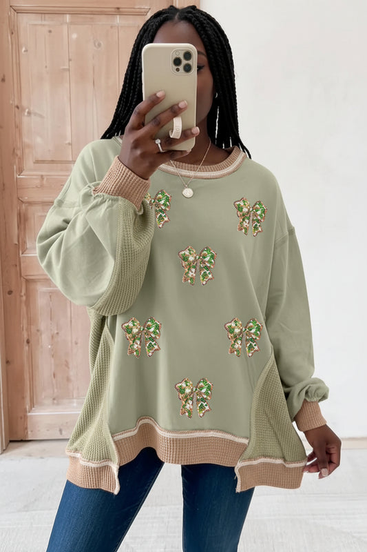 Smoke Green Sequin Bow Patchwork Waffle Colorblock Loose Sweatshirt
