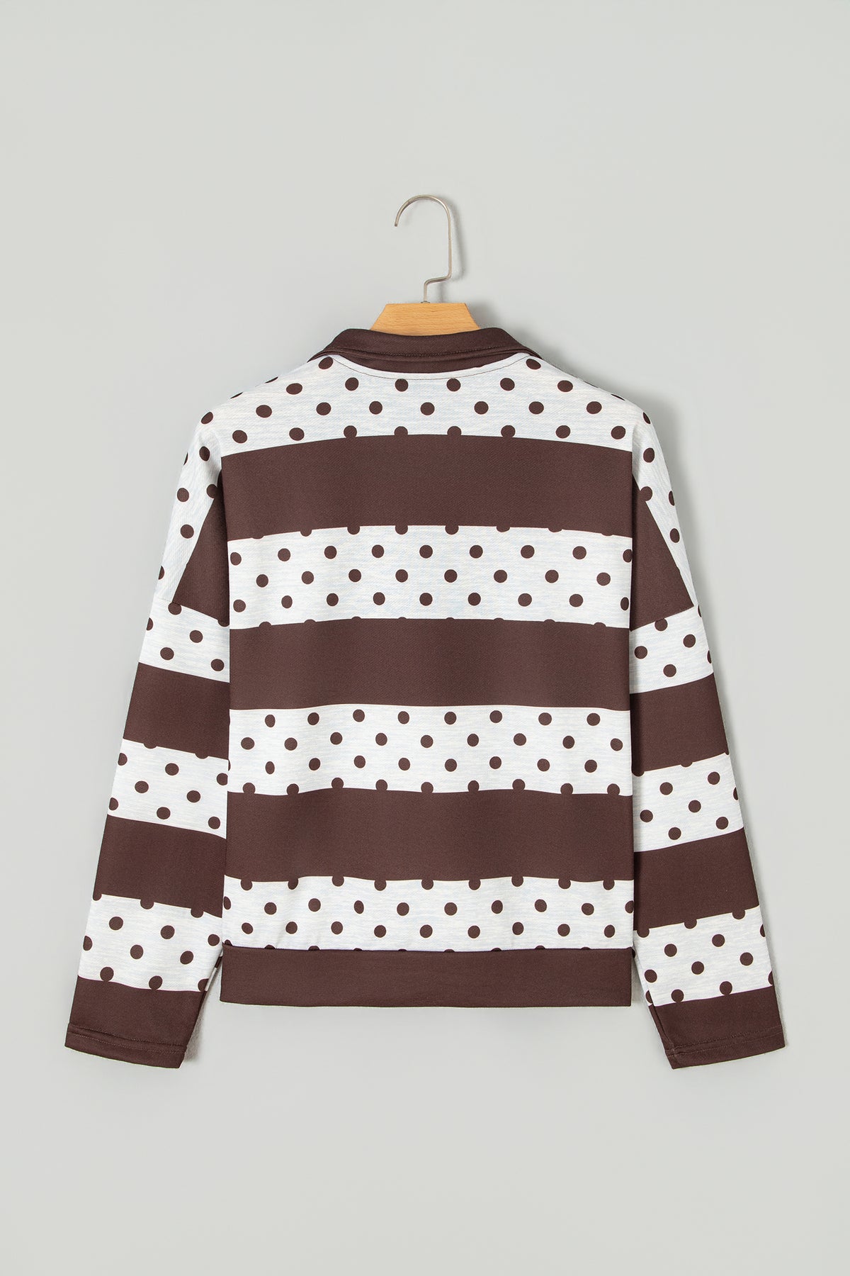 Brown Stripe Patchwork Polka Dot Accent Quarter Zip Long Sleeve Top