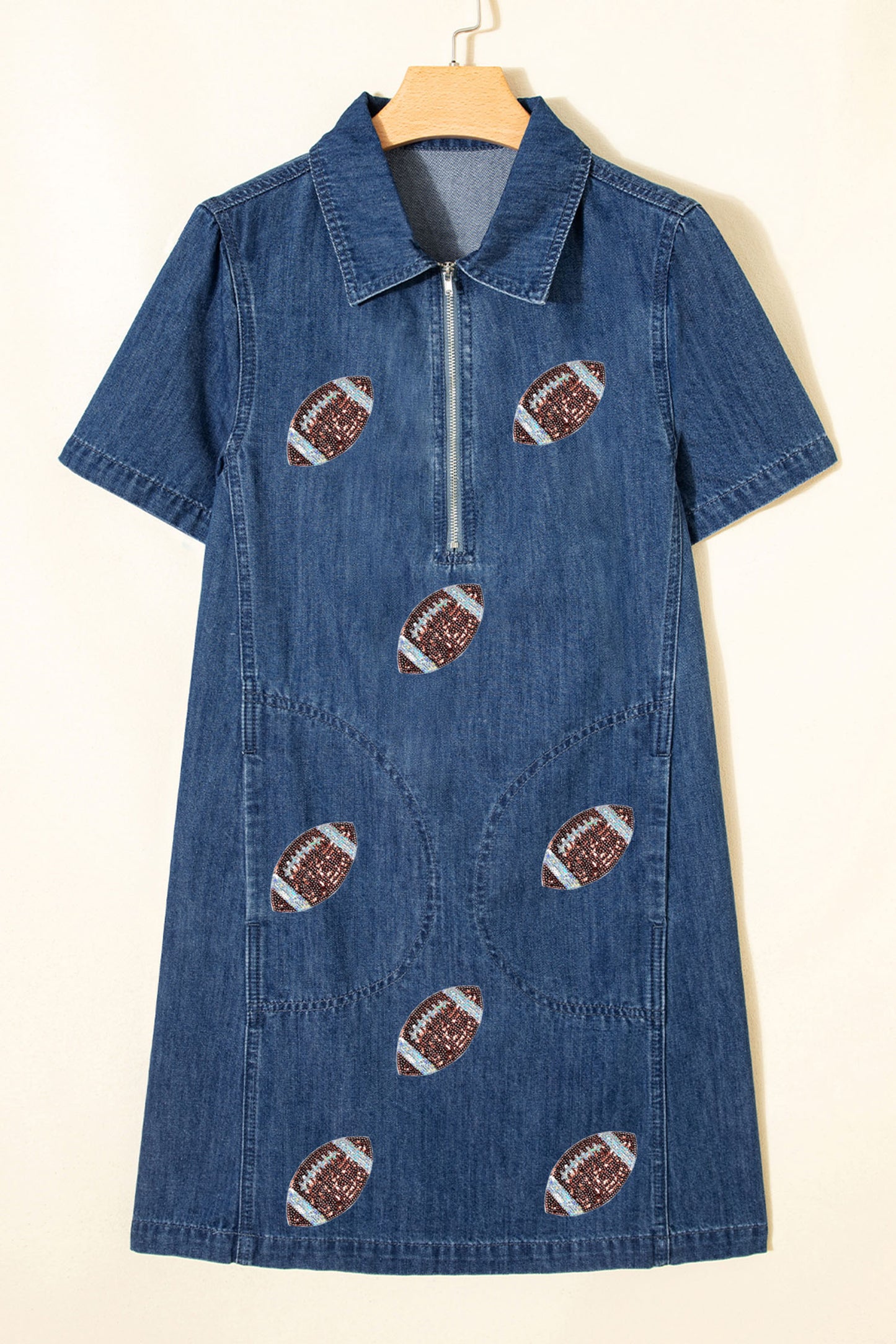 Blue Sequin Football Pattern Zip Collar Pocketed Denim Shift Dress