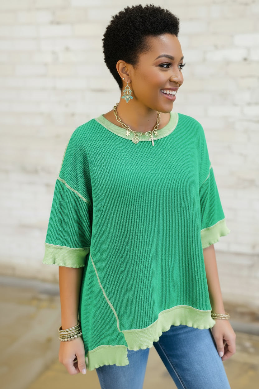 Mint Green Loose Uneven Hem Twist Ribbed T Shirt