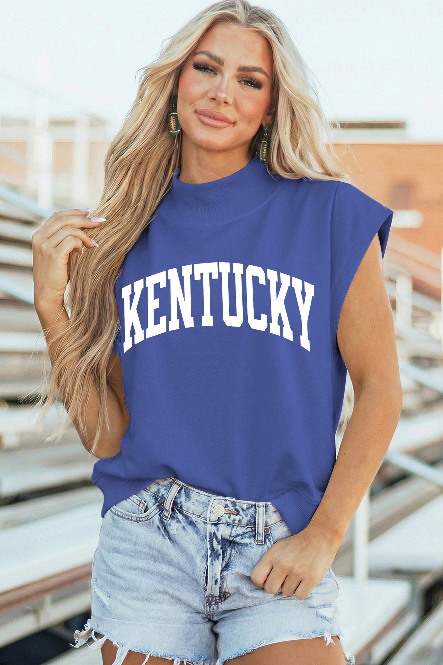 Sky Blue KENTUCKY Leopard KY Double Side Printed Mock Neck Tee
