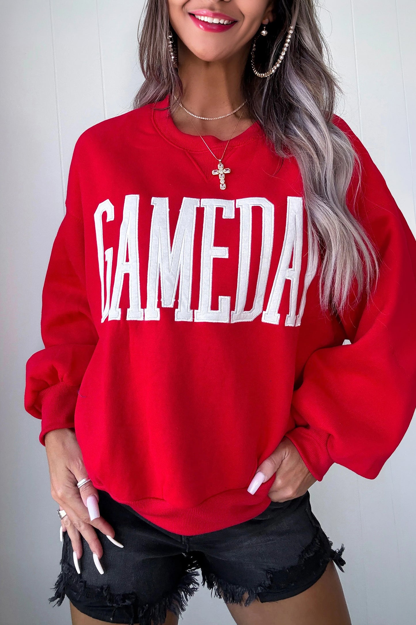 Fiery Red GAMEDAY Embroidered Patch Pattern Casual Shift Sweatshirt