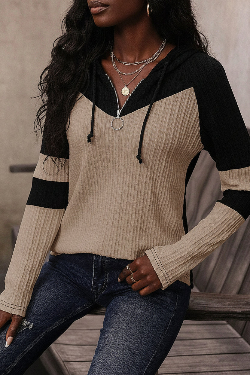 Parchment Textured Colorblock Long Sleeve Quarter Zip Drawstring Hooded Top