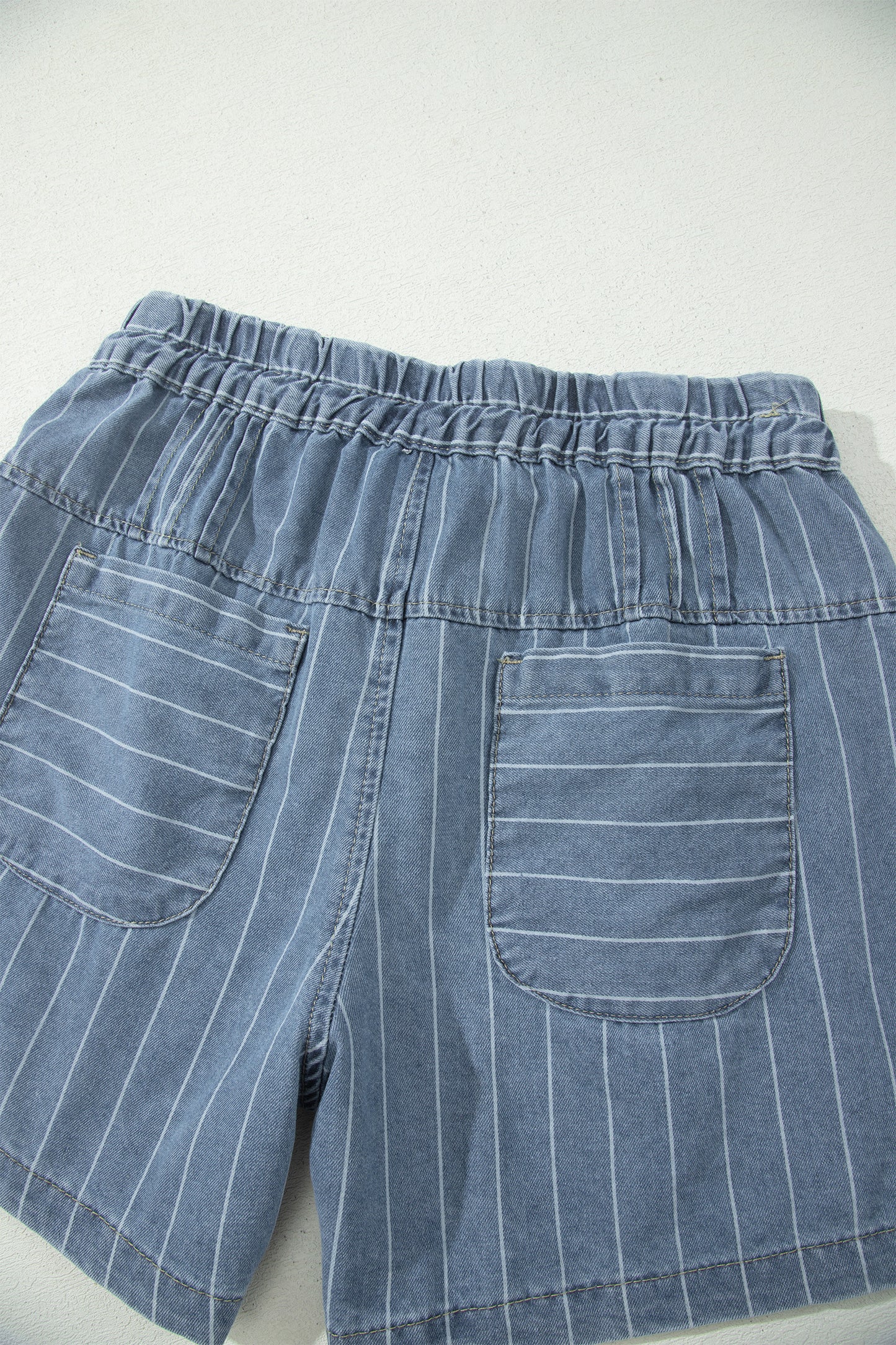 Sky Blue Stripe Drawstring Button Pleated High Waist Denim Shorts