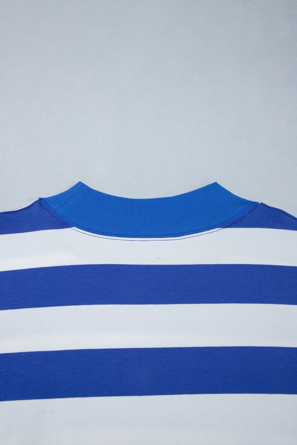 Blue Stripe Ribbed Trim Stand Neck Dropped Shoulder Plus Size Sweatshirt