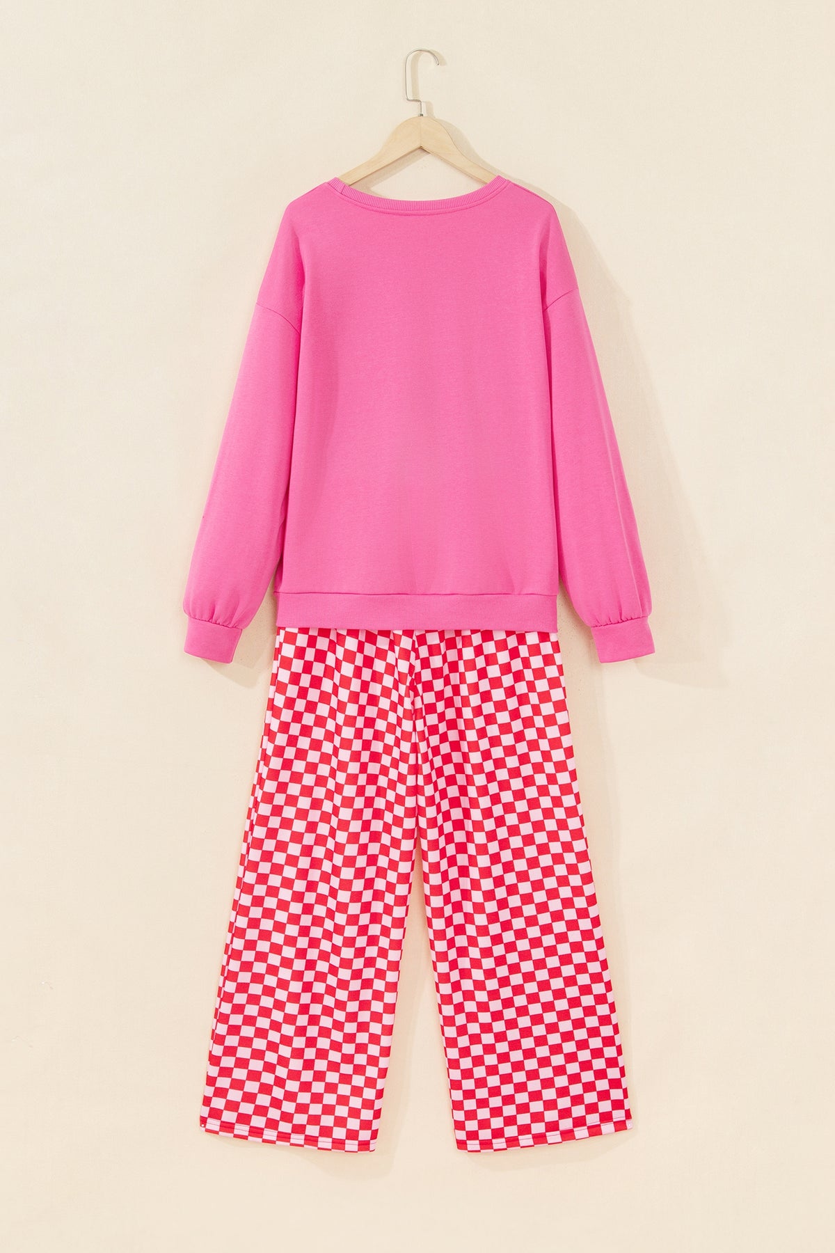 Pink Christmas Slogan Graphic Plaid Contrast Two-piece Pant Set