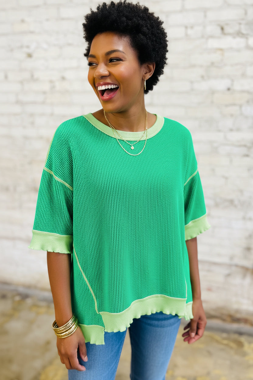 Mint Green Loose Uneven Hem Twist Ribbed T Shirt