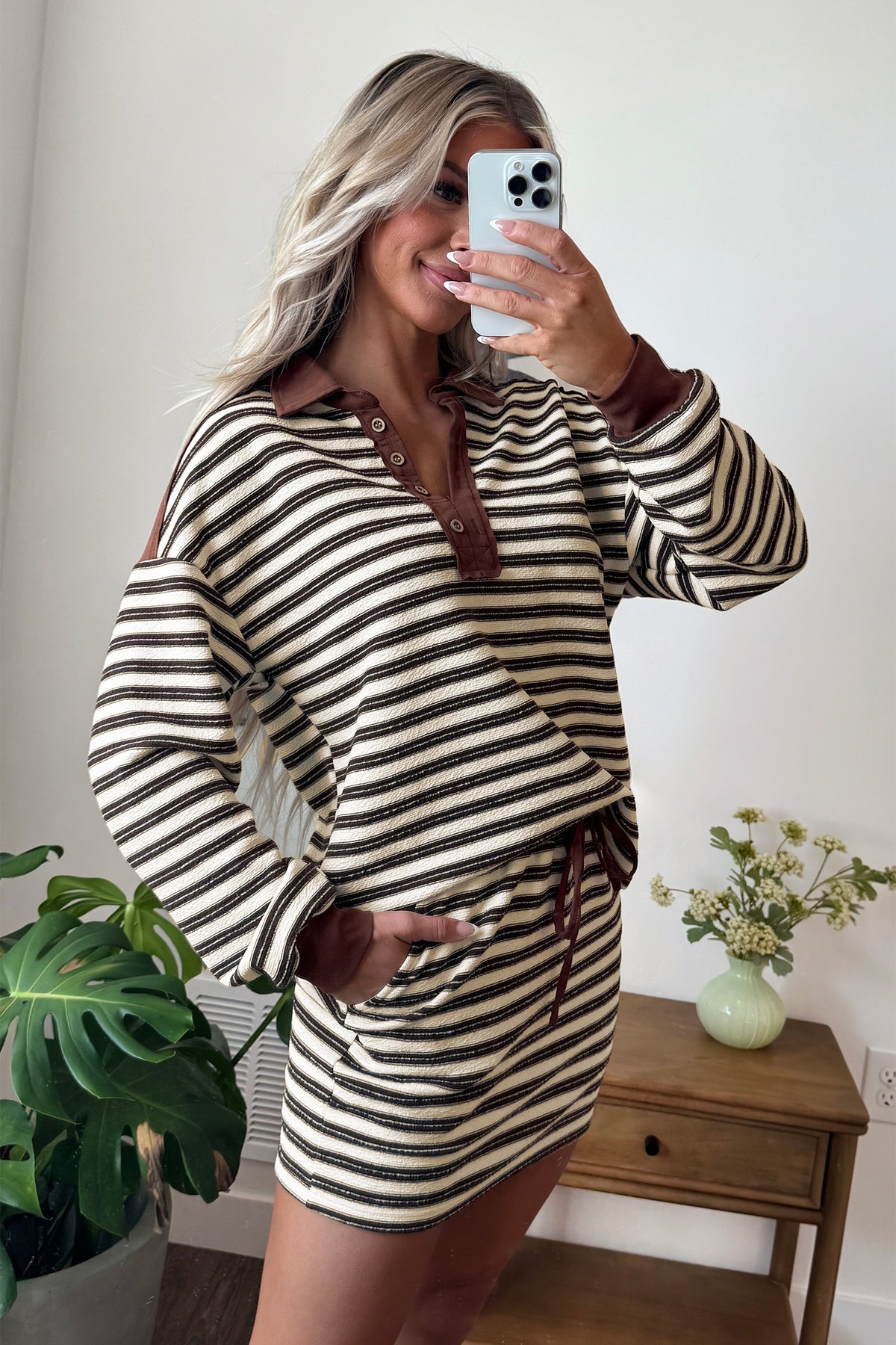 Brown Stripe Contrast Trim Button Neck Long Sleeve Top Drawstring Mini Skirt Set