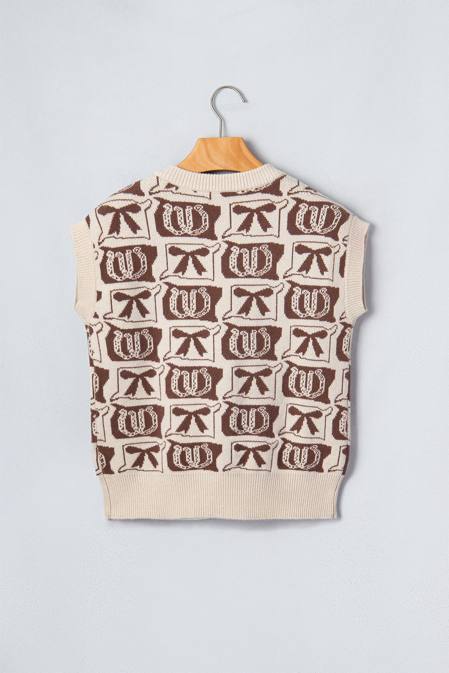 Brown Western Horseshoe Bow Pattern Button Front Sleeveless Knit Sweater