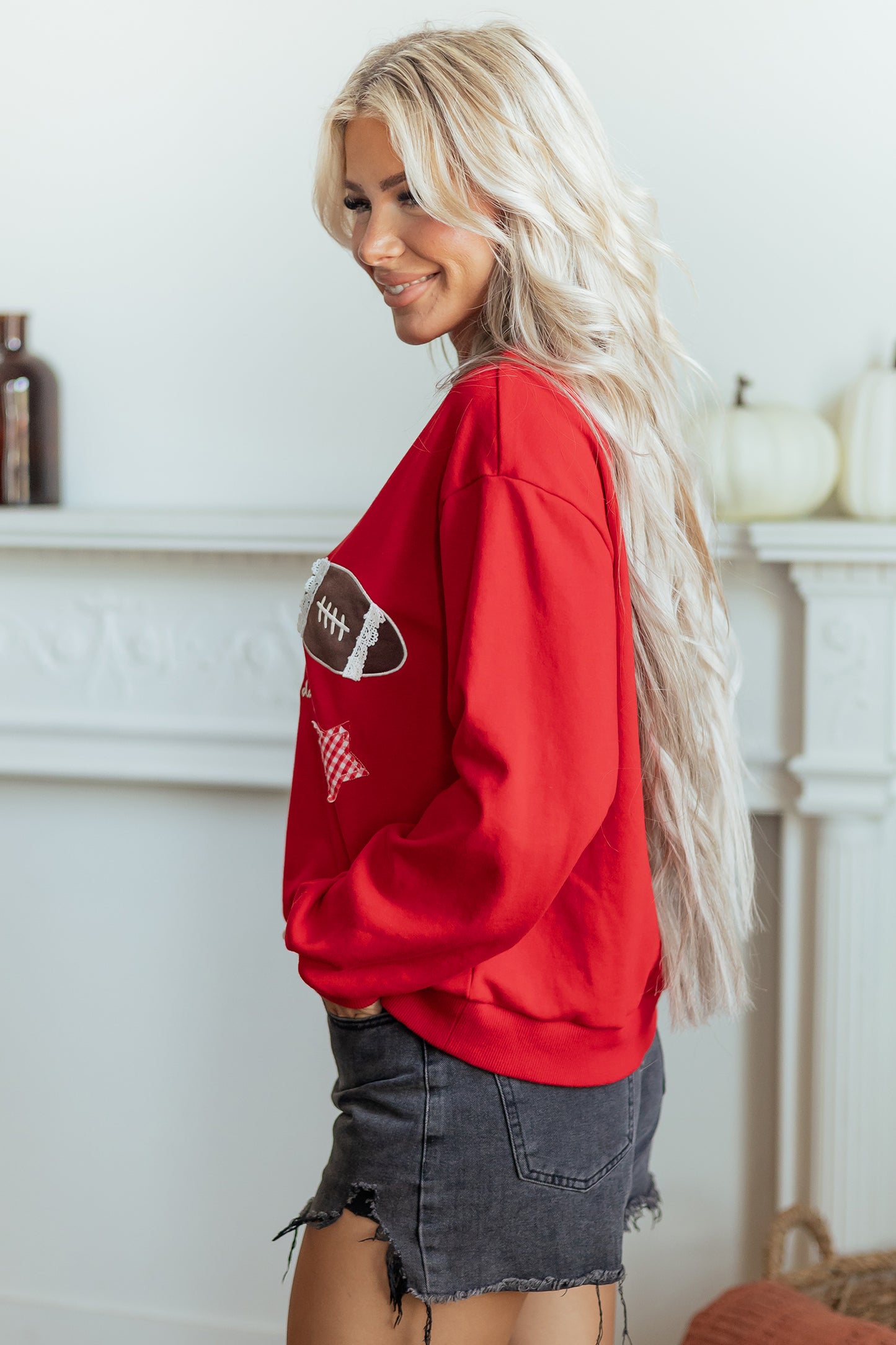 Racing Red Gingham Patch Embroidered Rugby Game Day Stars Sweatshirt