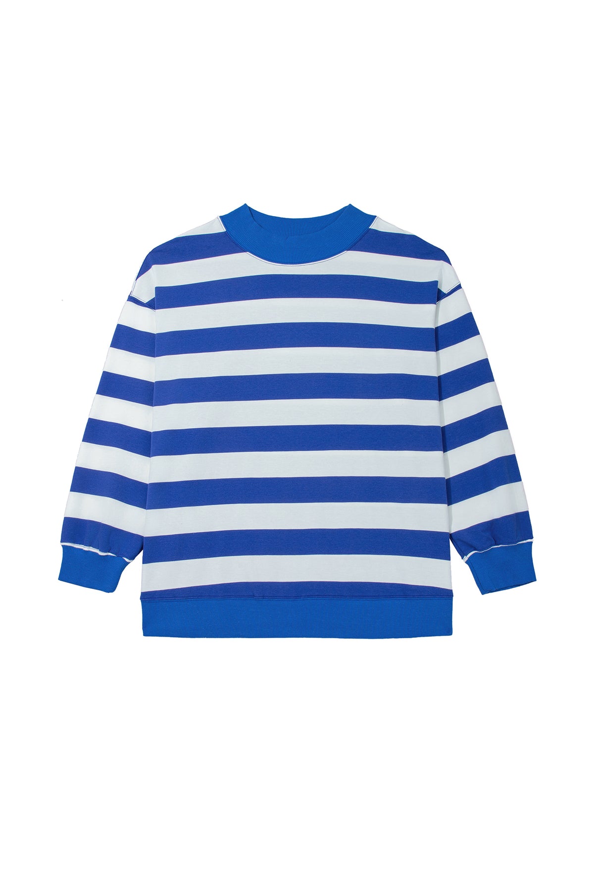 Blue Stripe Ribbed Trim Stand Neck Dropped Shoulder Plus Size Sweatshirt