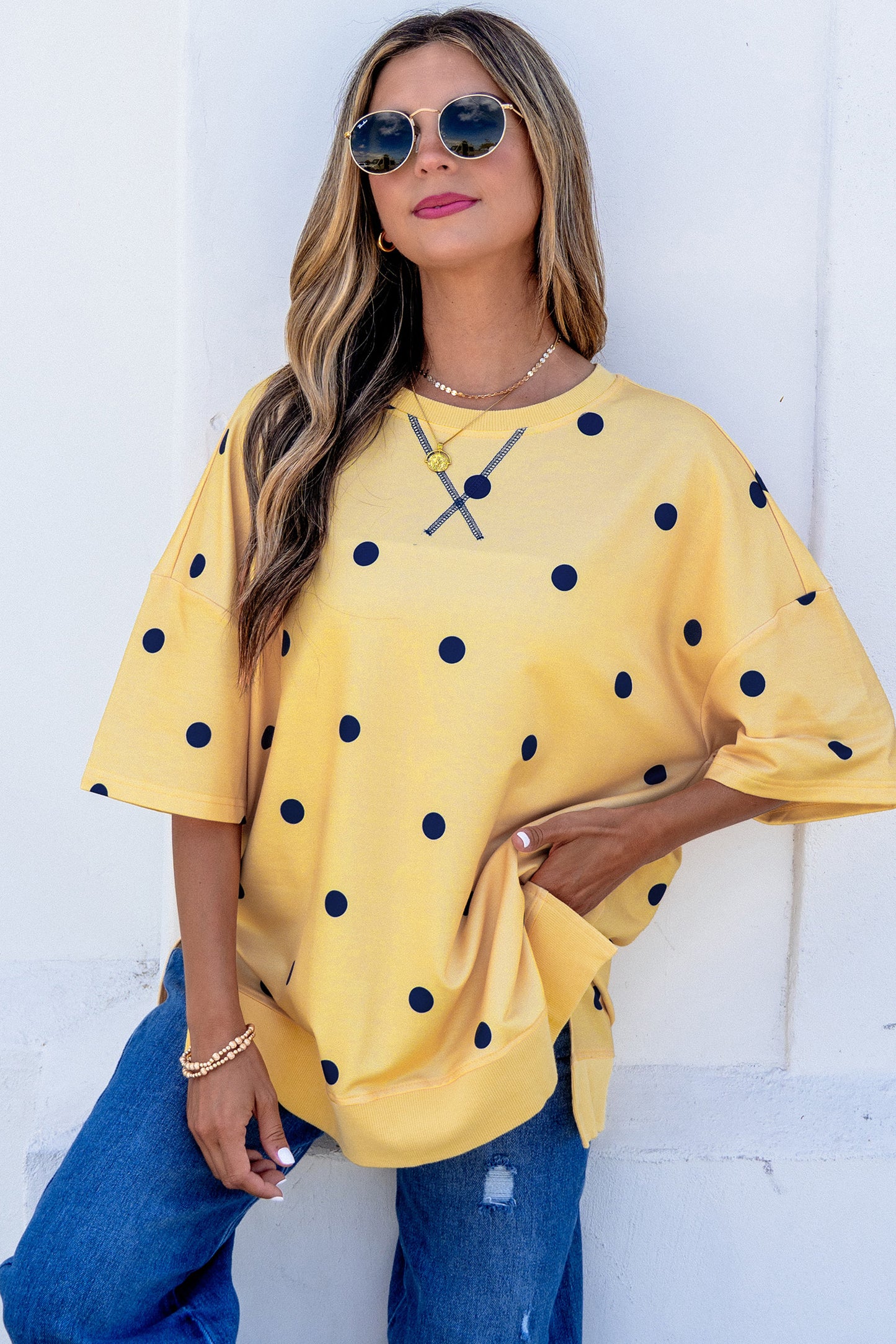 Yellow Polka Dot Print Crossed Seam Detail Oversize Tee