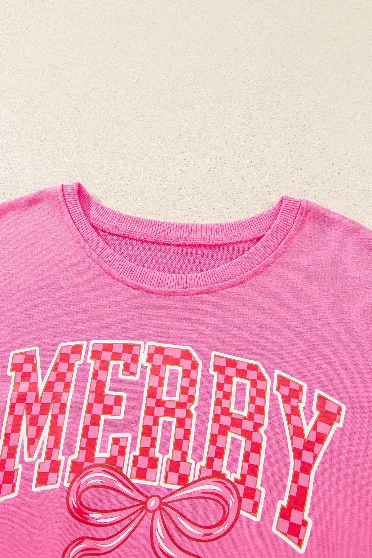 Pink Christmas Slogan Graphic Plaid Contrast Two-piece Pant Set