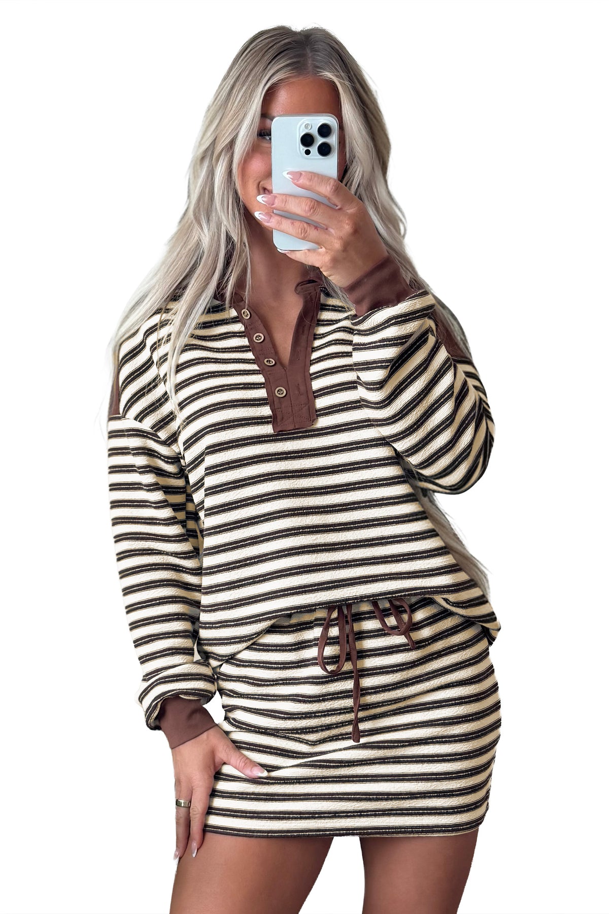 Brown Stripe Contrast Trim Button Neck Long Sleeve Top Drawstring Mini Skirt Set