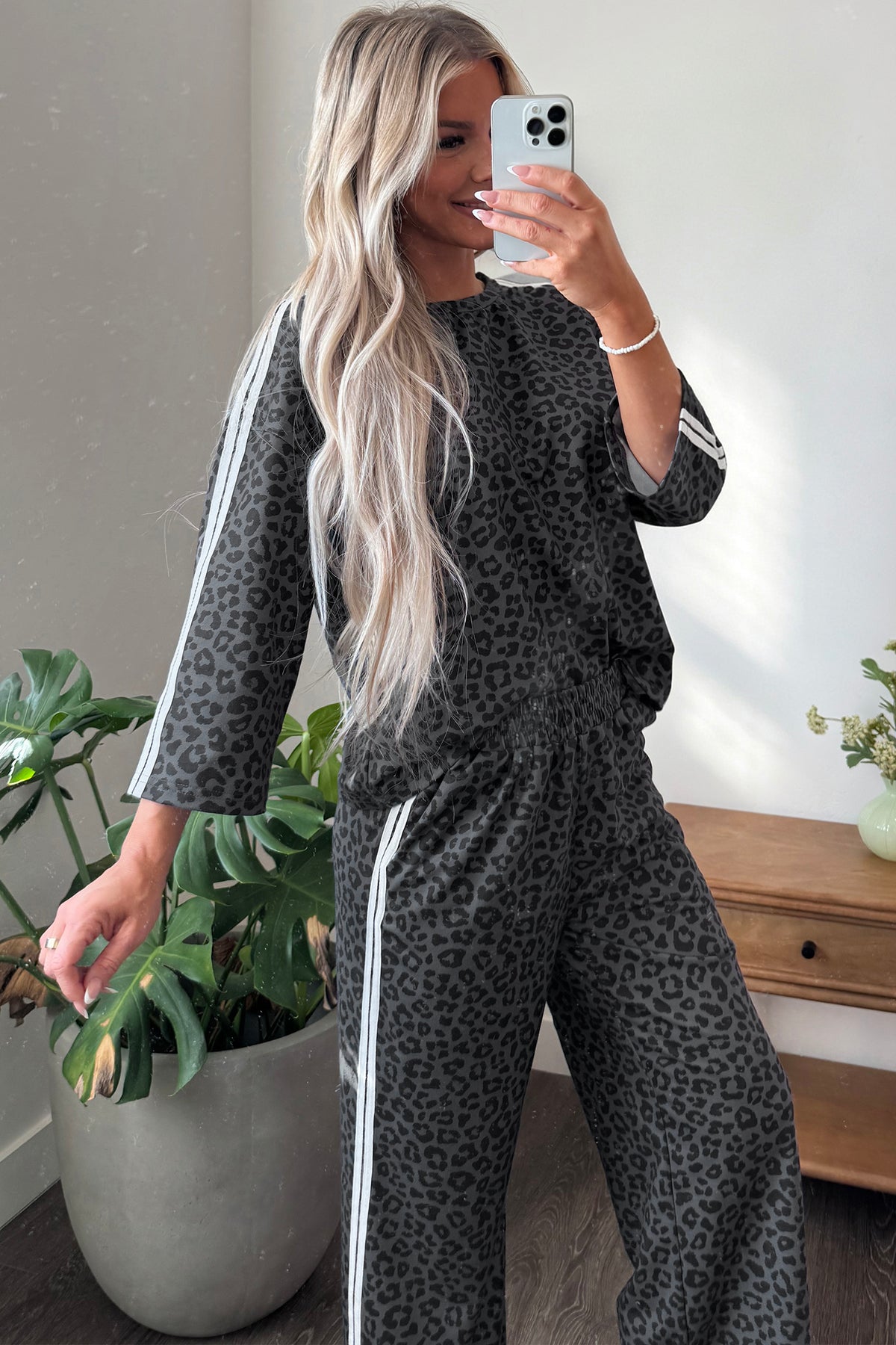 Gray Leopard Print Varsity Striped Detail 3/4 Sleeve Top Shift Pant Set