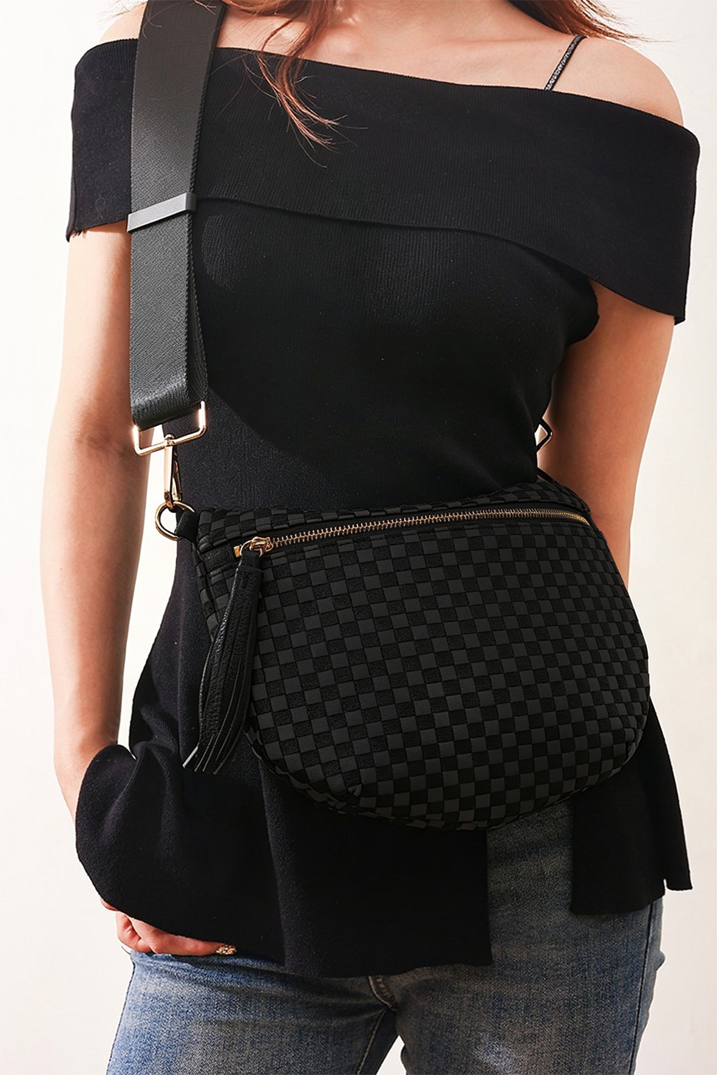 White Checkered Woven PU Leather Crossbody Bag Adjustable Strap Large Size