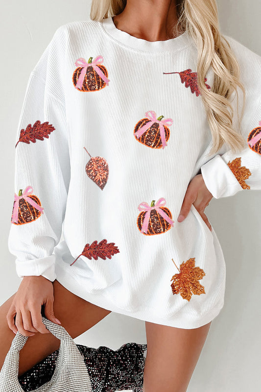 White Sequin Pumpkin Leaf Corded Ribbed Oversized Sweatshirt