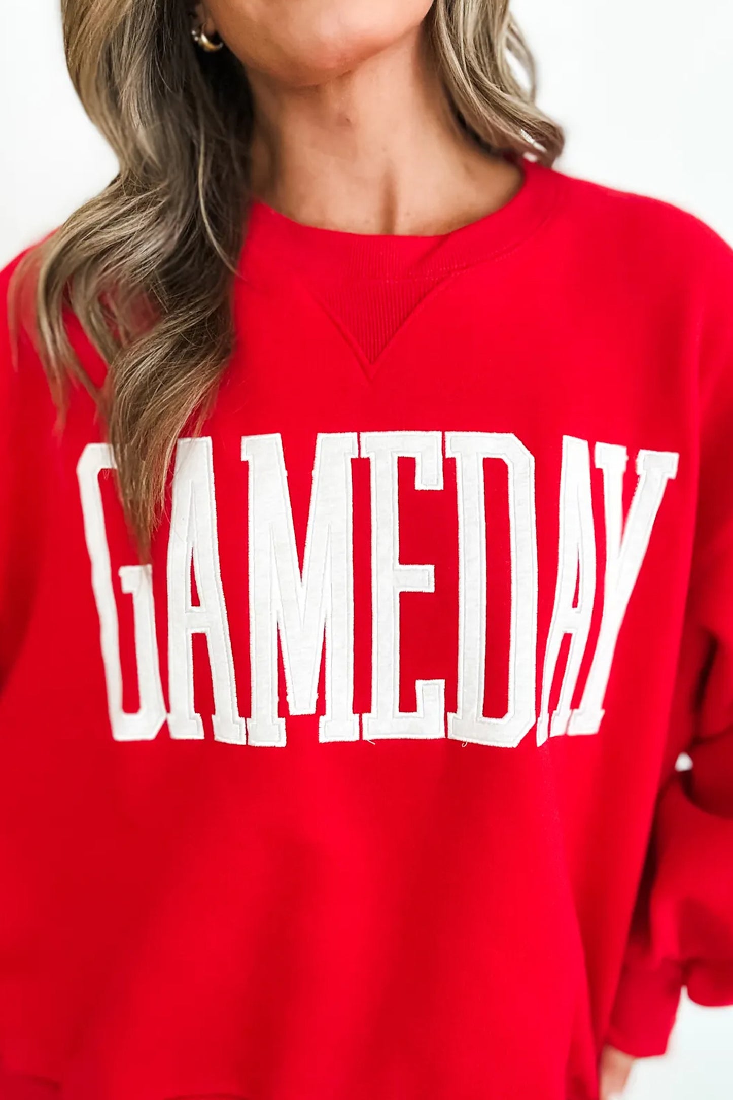 Fiery Red GAMEDAY Embroidered Patch Pattern Casual Shift Sweatshirt