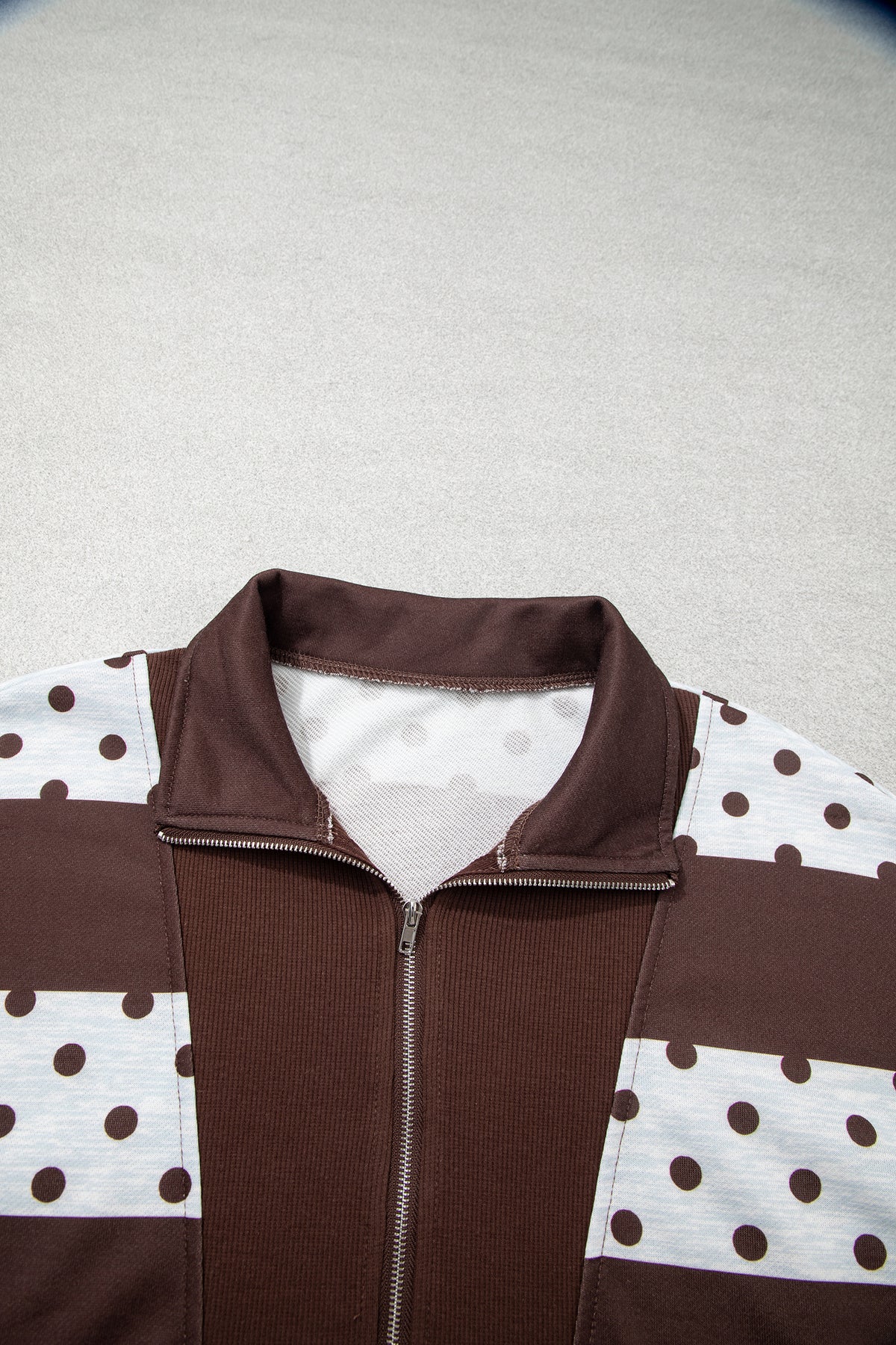 Brown Stripe Patchwork Polka Dot Accent Quarter Zip Long Sleeve Top