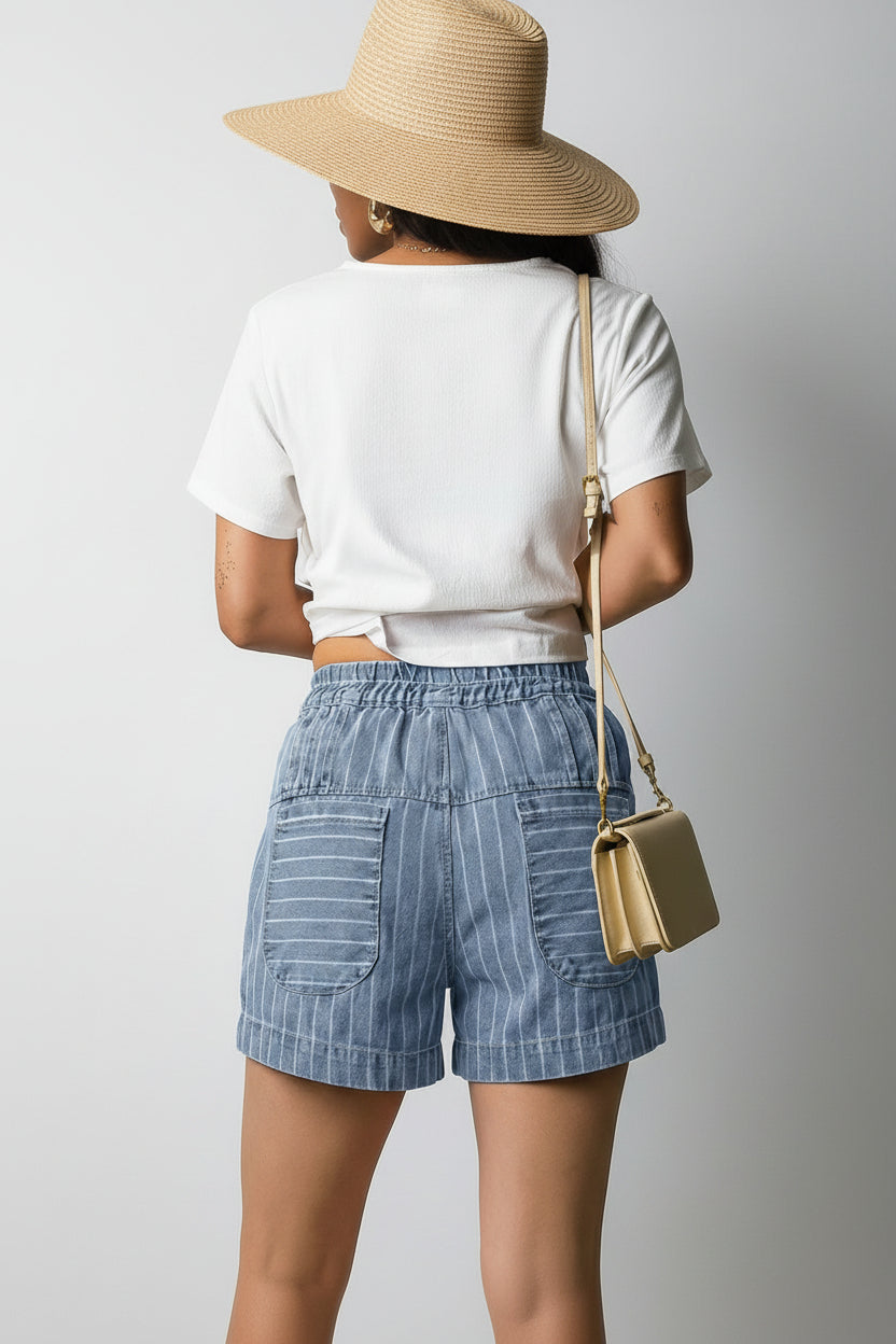 Sky Blue Stripe Drawstring Button Pleated High Waist Denim Shorts