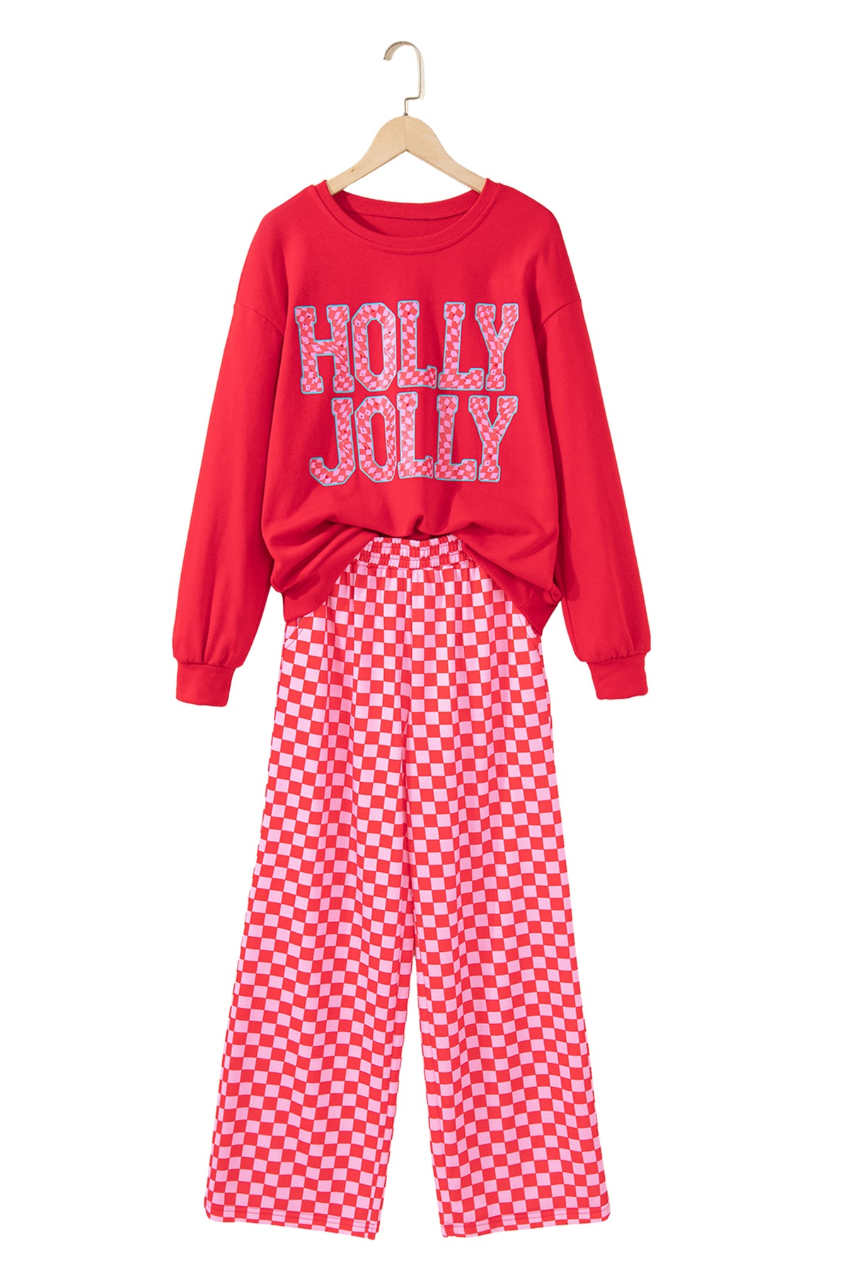 Pink Christmas Slogan Graphic Plaid Contrast Two-piece Pant Set