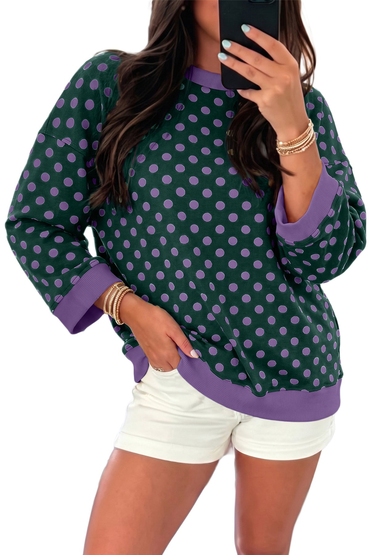 Blue Polka Dot Print Contrast Trim Round Neck Bracelet Sleeve Top