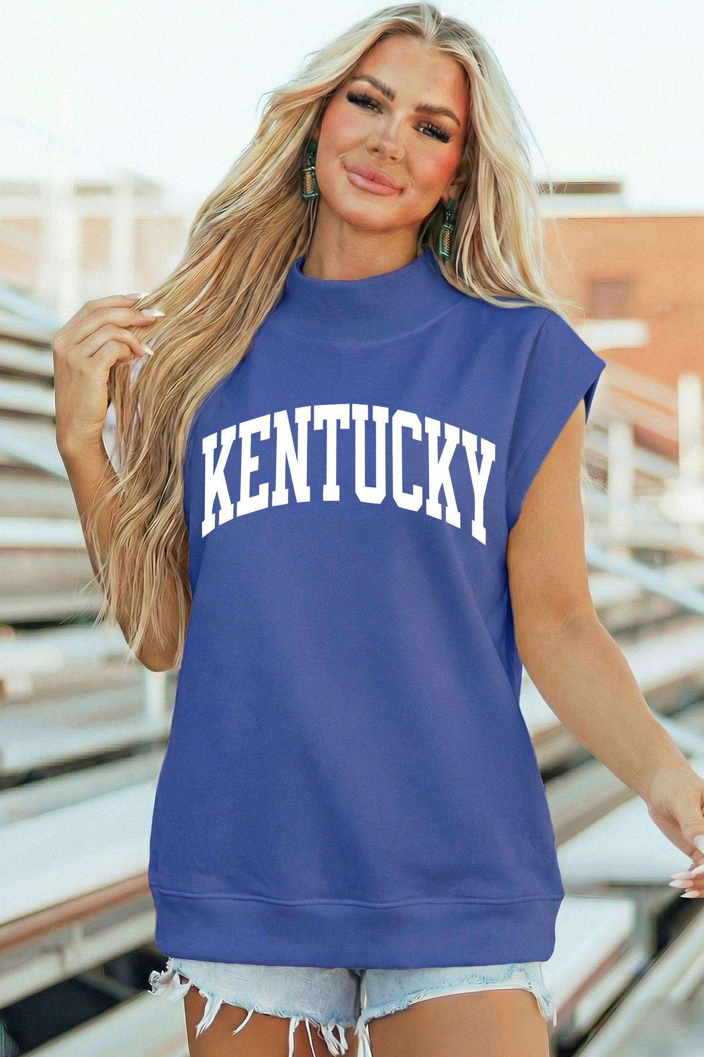 Sky Blue KENTUCKY Leopard KY Double Side Printed Mock Neck Tee